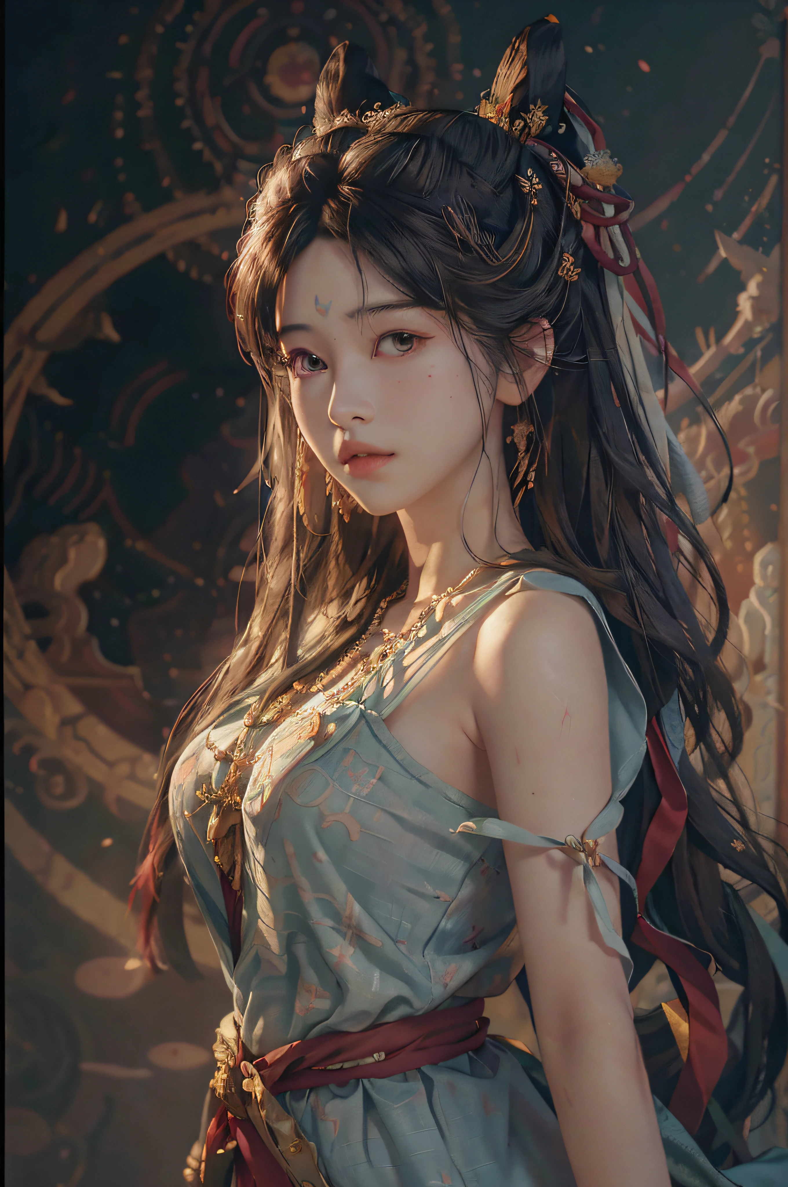 (RAW photo, best quality), (realistic, photo-realistic:1.3),best quality,highly detailed,masterpiece,ultra-detailed,illustration,1girl,upper_body,dynamic angle,world masterpiece theater,messy_long_hair,best quality,extremely detailed CG unity 8k wallpaper,ink,Amazing,cinematic lighting,lens_flare, dunhuang_style