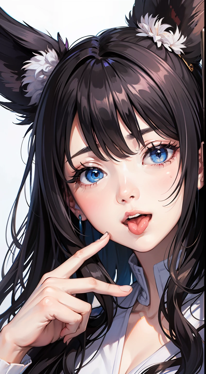 best quality, masterpiece,Black hair, blue eyes, looking up, upper body, wink,Sticking out tongue, close one eye