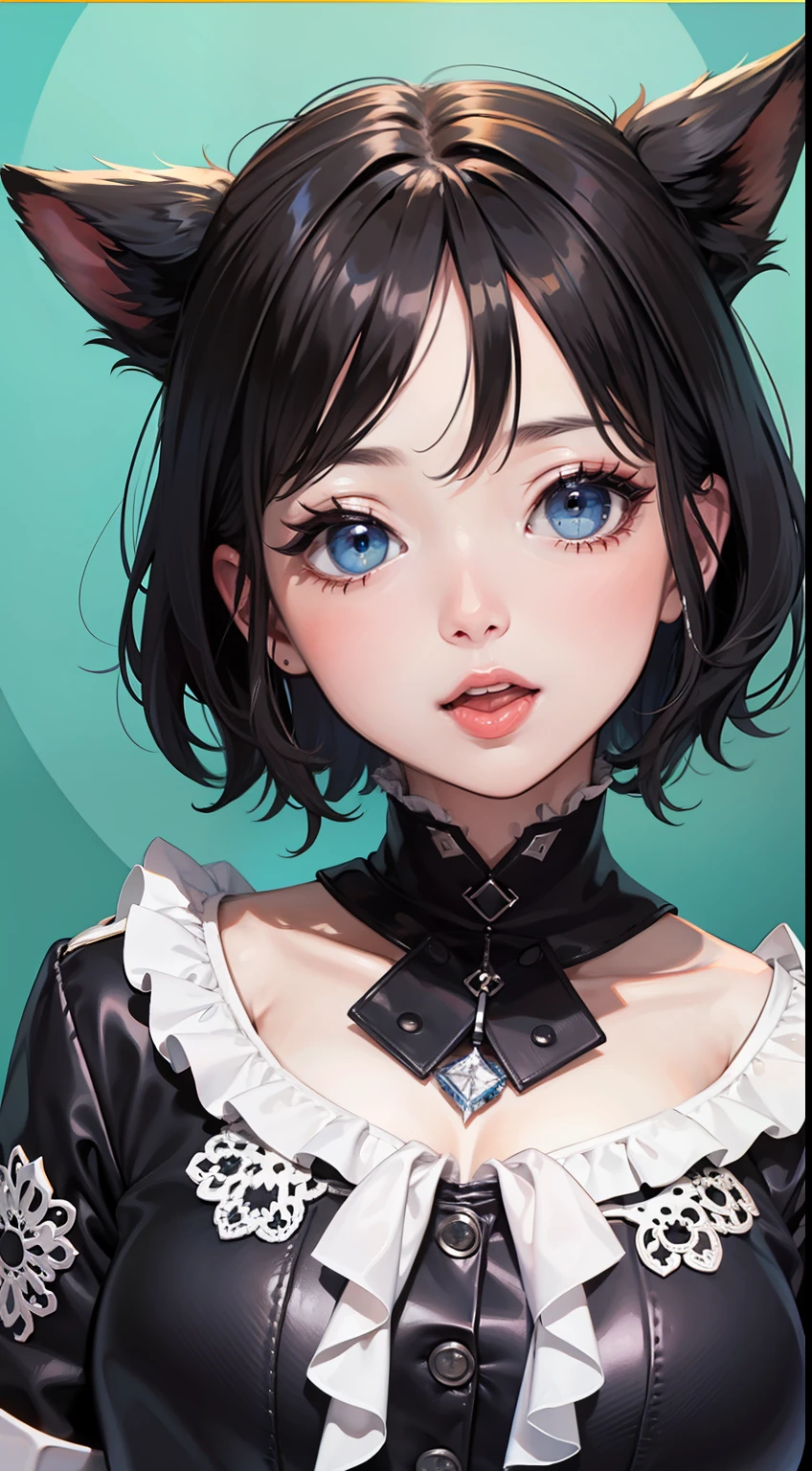best quality, masterpiece,Black hair, blue eyes, looking up, upper body, wink,Sticking out tongue, close one eye
