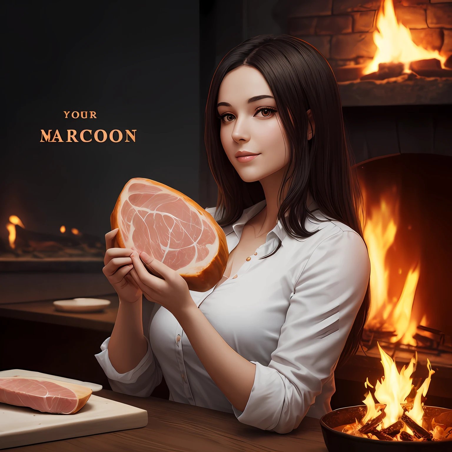 Woman with a ham in her hand, woman has dark hair, there is a note on the table with the inscription "BEACON". The background glows like a fire. the image should look like an advertising poster --auto