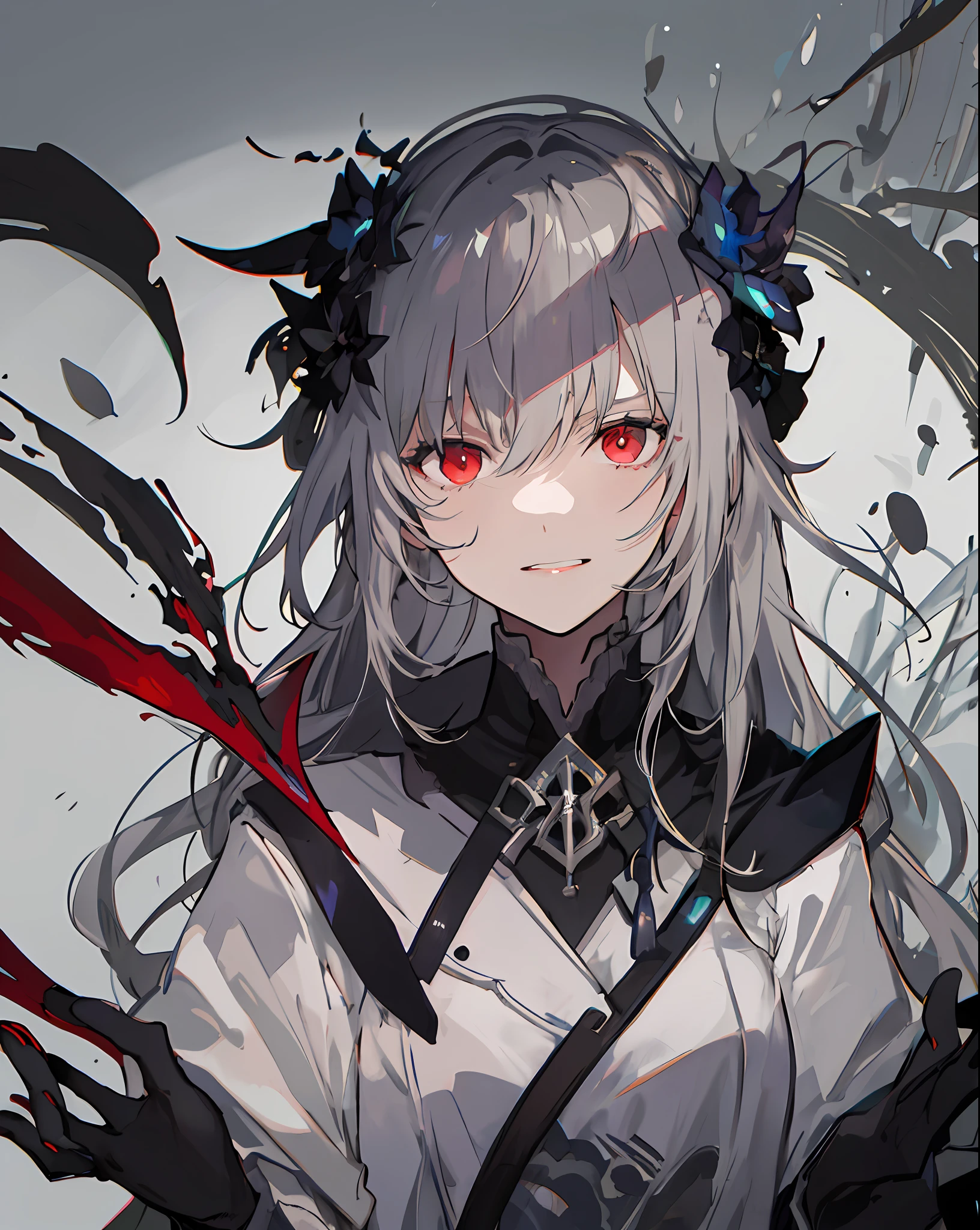 1girl, solo, masterpiece, best quality, gray hair, gray hair, gray hair, red eyes, blackening, darkness, sickle, shadow, villain, sneer, look down, black shadow, sticky black liquid, gloomy