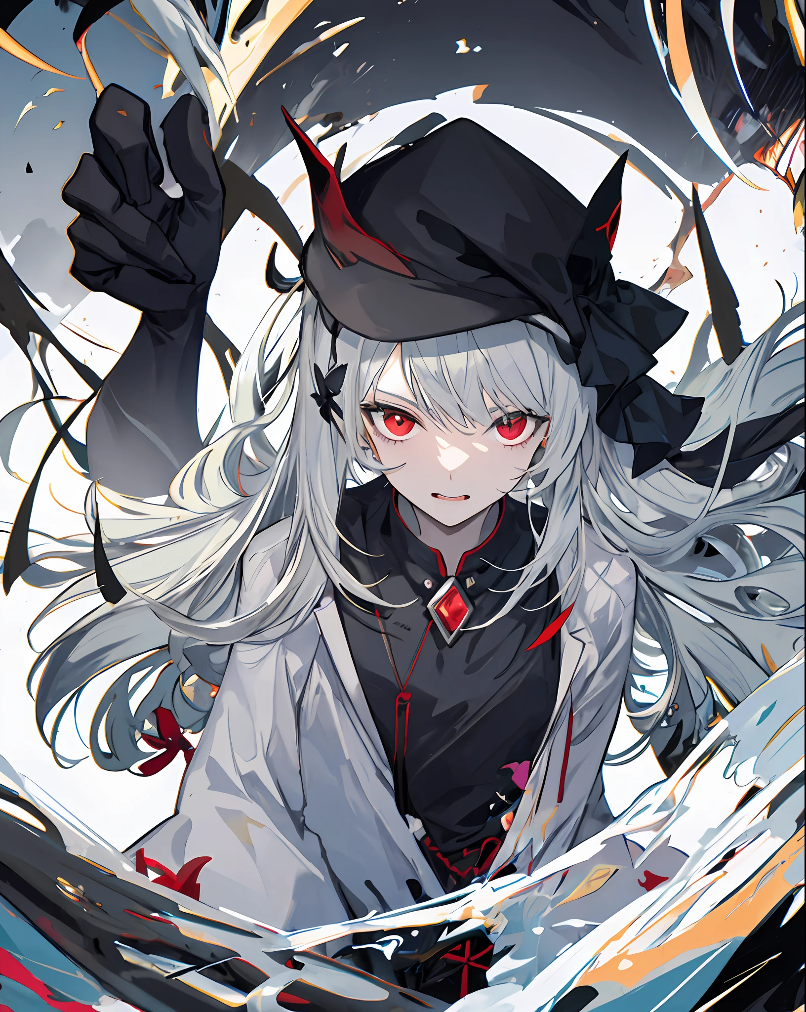 1girl, solo, masterpiece, best quality, gray hair, gray hair, gray hair, red eyes, blackening, darkness, sickle, shadow, villain, sneer, look down, black shadow, sticky black liquid, gloomy