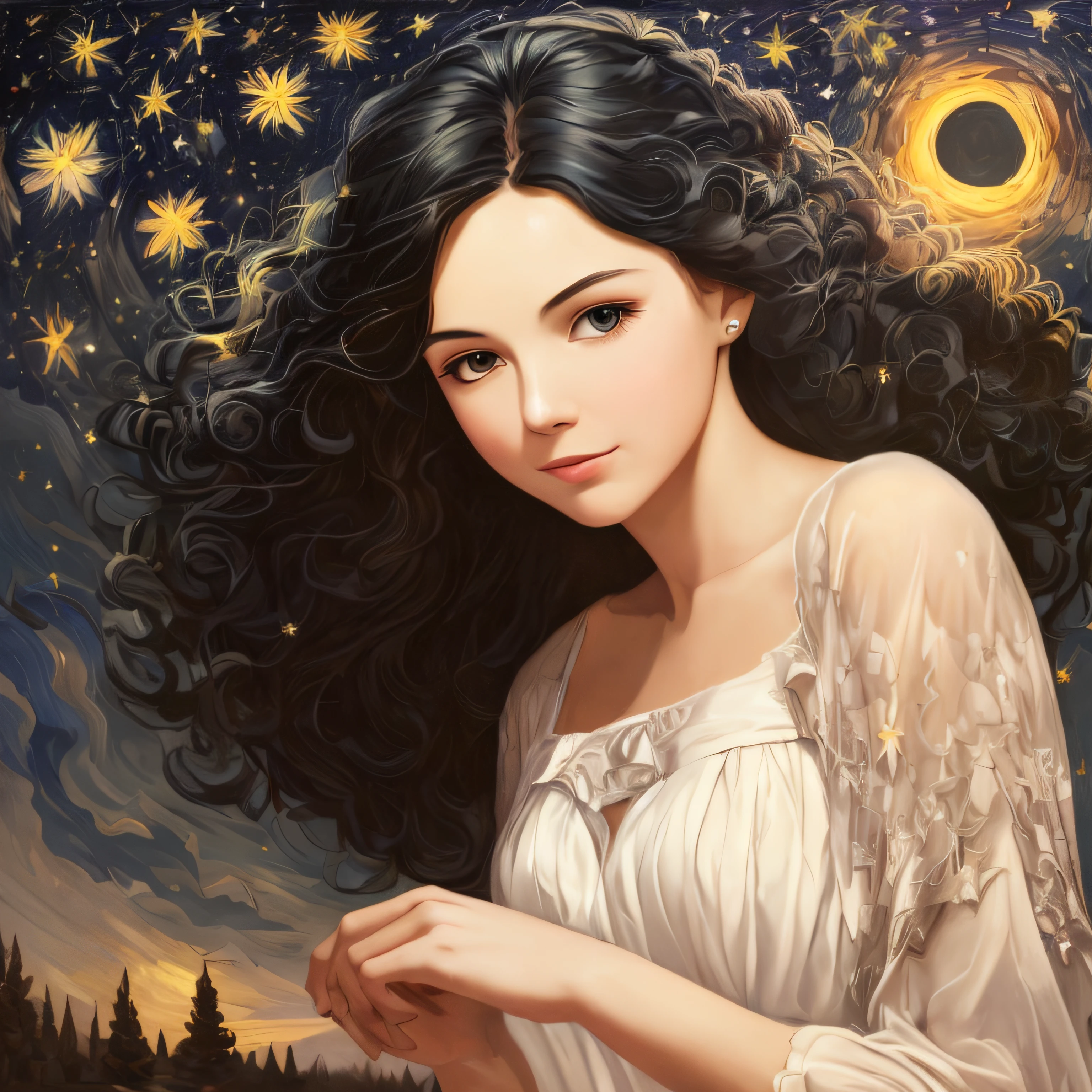 Imagine in an oil painting style a book cover with the black background and a starry night sky and shadows of trees, amid the darkness. A female figure wrapped in an ethereal white dress, radiating a bright and delicate aura seems to float in the air, with a serene expression and eyes full of love and mystery, her skin is white, her curly black hair split in half to elbow height. Brown eyes and a slightly flattened nose and a small mole on the left side of the face, below the nose and above the lips. Around him there is a radiant light. At the top of the cover, in elegant and curved letters, is the title of the book: "When the Winds Speak Russian" put a mole above the lips, on the left side, make the hair blacker and flatten the nose a little --auto