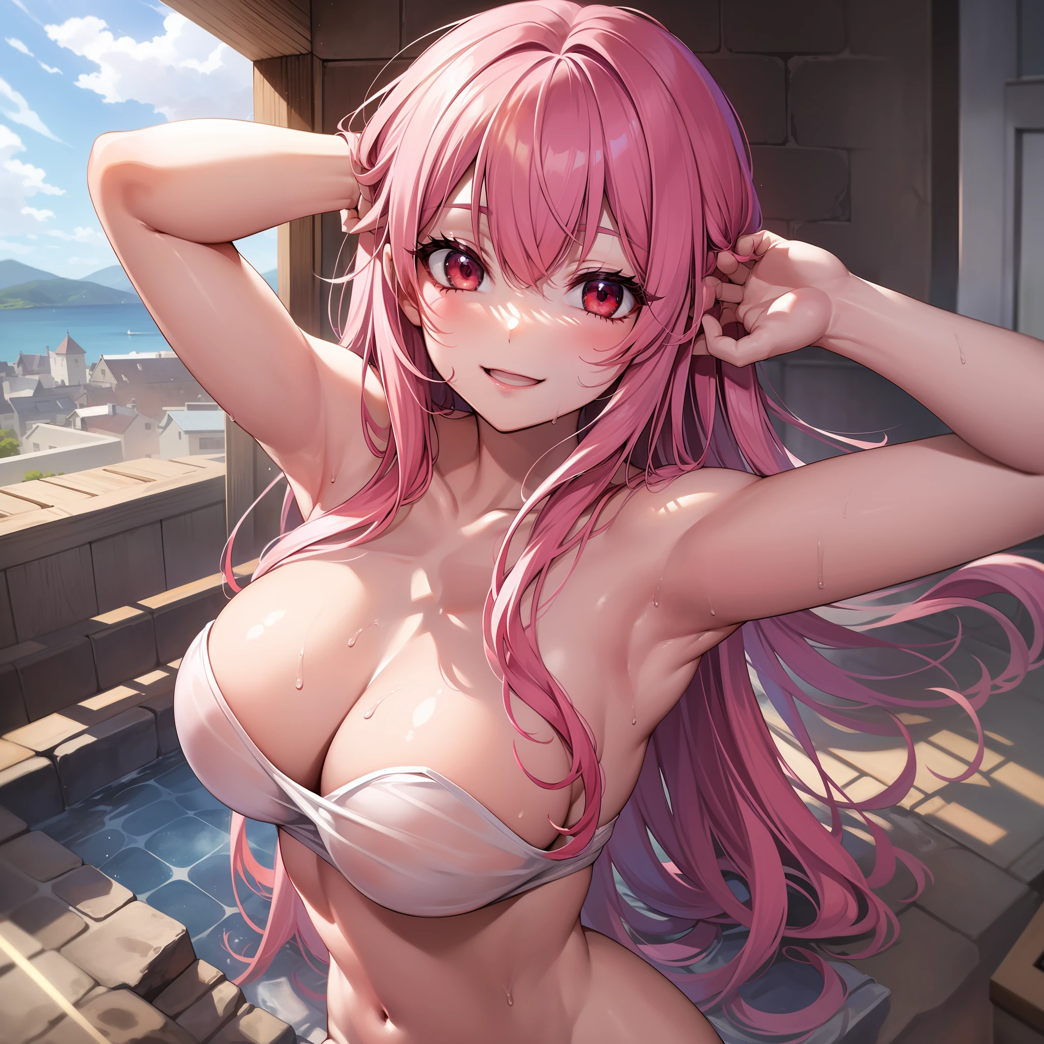 Detailed face, long eyelashes, detailed eyes, (straight hair: 1.3), (red eyes: 1.3), (pink hair and white mesh: 1.2), big cleavage, slim, angle from above, inn, open-air bath, morning, hands stretched above head, armpits, pleasant, happy, smiling, sweat, naked,