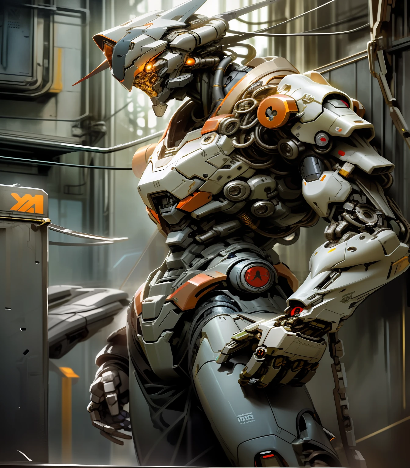 there is a robot that is standing in a building, inspired by Marek Okon, 4k highly detailed digital art, painterly humanoid mecha, ultra detailed game art, high quality digital concept art, cybernetic and highly detailed, beautiful robot character design, 8 k high detail concept art, wojtek fus, detailed digital concept art, mecha suit