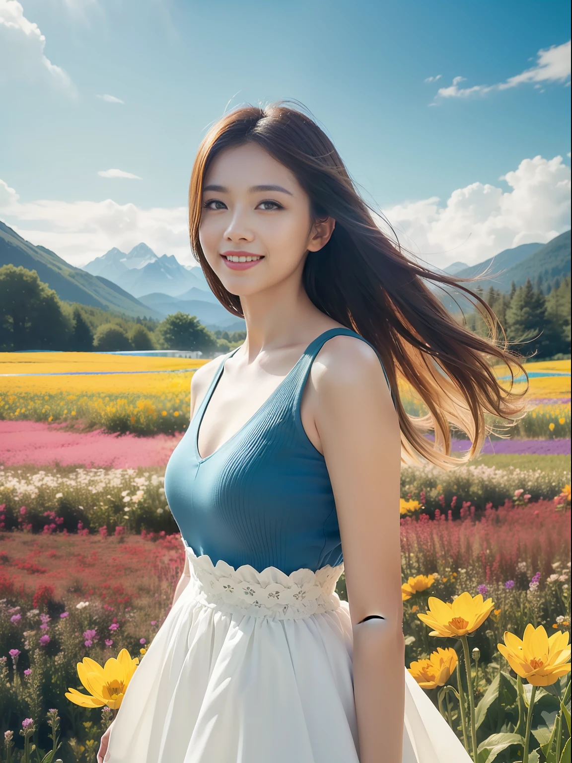 1girl, dynamic angle, cloud and mountain, (flower field:1.4) in the foreground, white dress, light tracing, (floating colorful wind:1) (photorealistic:1.4), official art, unity 8k wallpaper, ultra detailed, beautiful and aesthetic, masterpiece,best quality, glowing skin, cinematic lighting, light smile