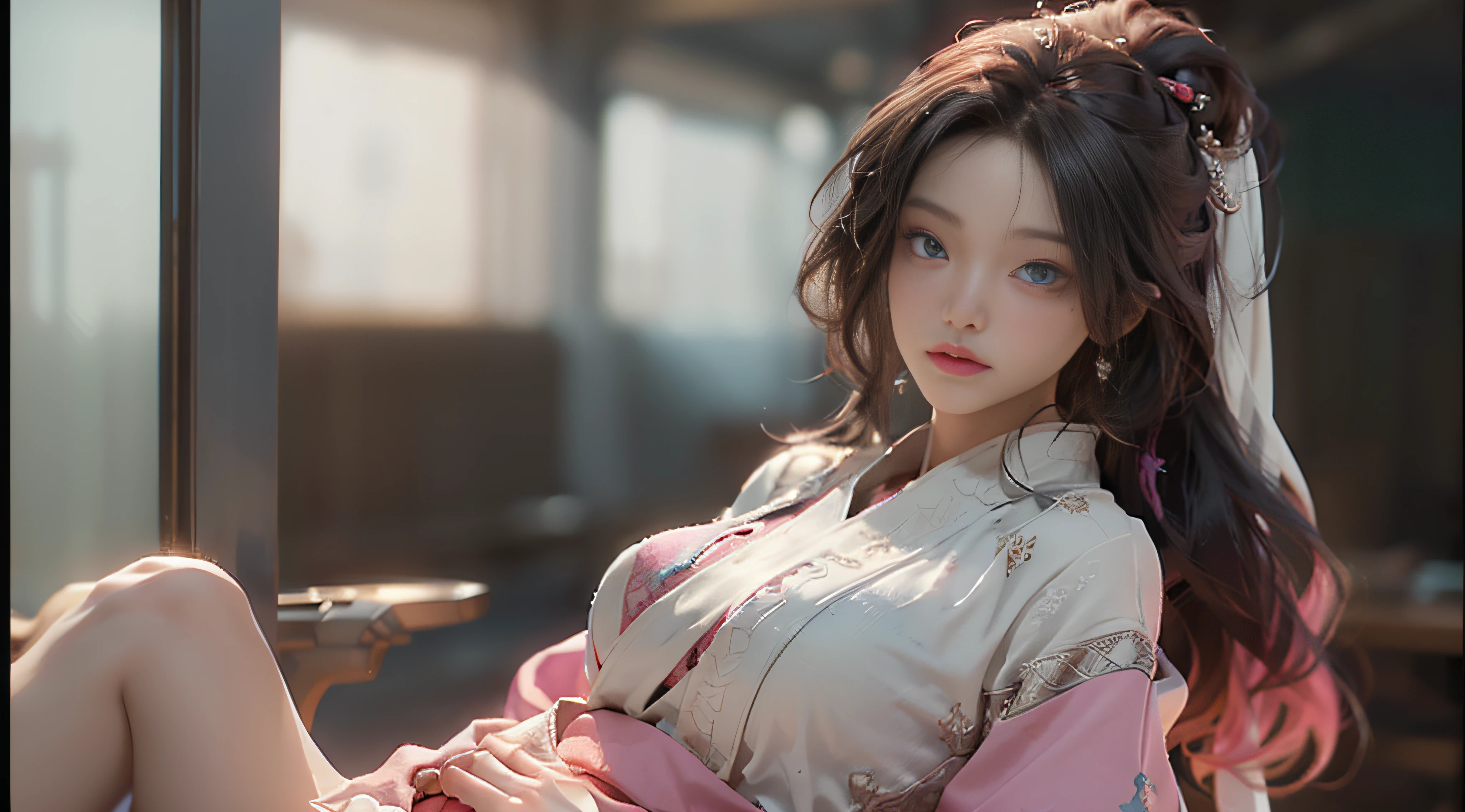 ((Best Quality)), ((Masterpiece)), (Detail: 1.4), 3D, Beautiful Cyberpunk Female Image, HDR (High Dynamic Range), Ray Tracing, NVIDIA RTX, Super Resolution, Unreal 5, Subsurface Scattering, PBR Texture, Post-Processing, Anisotropic Filtering, Depth of Field, Maximum Sharpness and Sharpness, Multi-layer Texture, Albedo and Highlight Mapping, Surface Coloring, Mitsu-Accurate Simulation of Material Interactions, Perfect Proportions, Octane Rendering, Two-color Light, Large Aperture, Low ISO, white balance, regular three-point, 8K RAW, beautiful bright pupils, flowing robe, fine pupils, delicate face and eyes, long eyelashes, blush, fluffy hair, pink lips