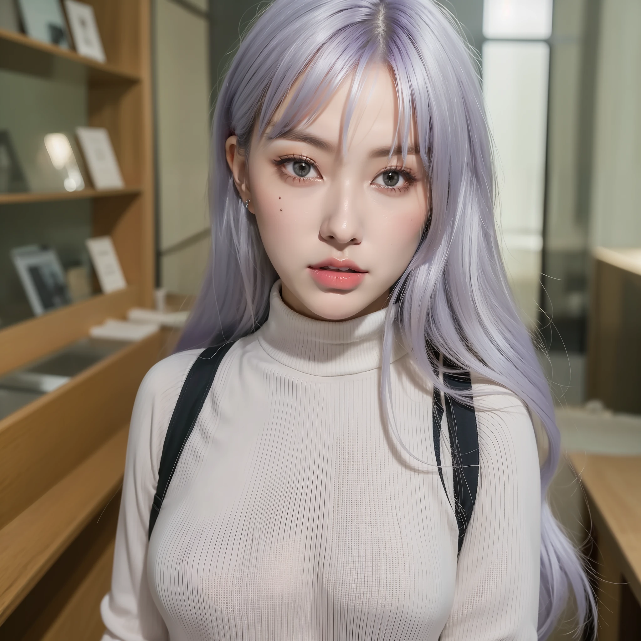 1girl, beautiful vintage colors, Instagram (realistic, High resolution: 1.4), (puffy eyes)), looking at the viewer, full body (8k, RAW photo, best quality, masterpiece: 1.2), (realistic, photorealistic photo: 1.37), (sharp focus: 1.2), professional lighting, photon mapping, radiosity, physically based rendering, (pale skin: 1.2), (small breasts: 1.2), , looking at the viewer, (middle hair: 1.2), portrait, purple eyes, (silver hair: 1.2), bangs, (simple background: 1.4), Solo, upper body, white background, realistic, (masterpiece: 1.4), (best quality: 1.4), (shiny skin), faxi girl, makeup, (shut up: 1.4), (thin, shy, : 1.3), (white turtleneck: 1.2), ulzzang-6500-v1.1, pureerosface_v1,