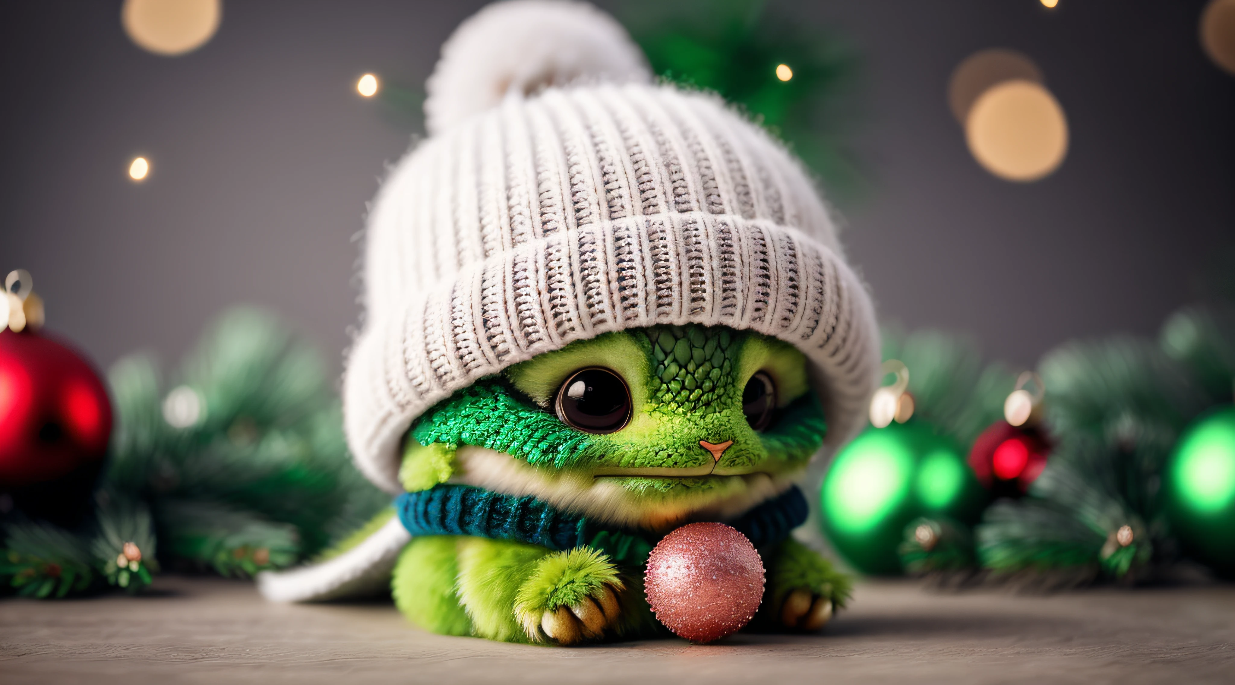 Dragon, Green Dragon, Wood Dragon, Blur, Christmas Tree, Snow, Winter, New Year's Hat, (New Year), Nature, no_humans, Depth of Field, to8contrast style, DARK_Glam dressed in Christmas Hat, deep shadows, (dark: 1.4), (8k, RAW photo, best quality, masterpiece: 1.2)