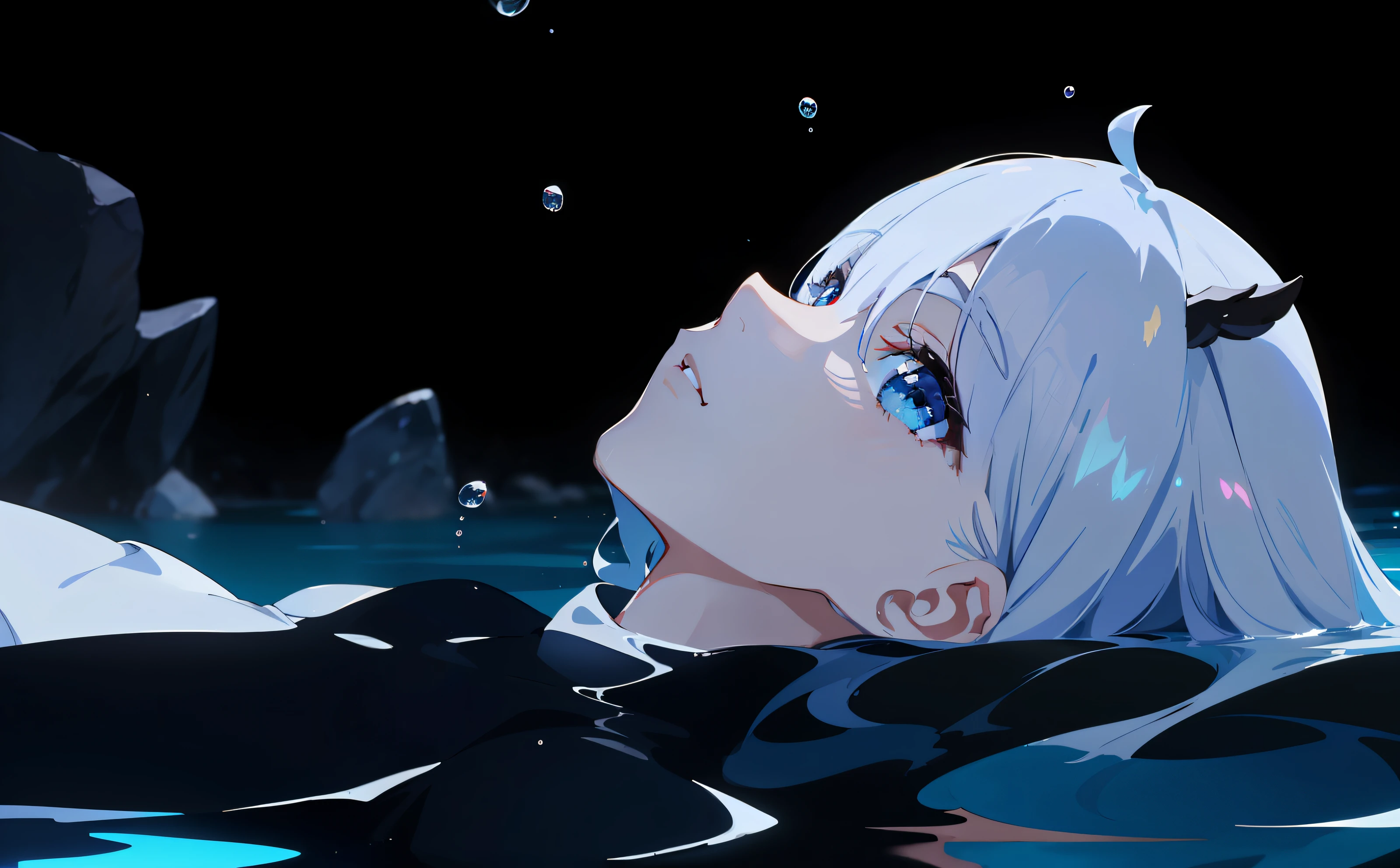 anime image of a woman floating in the water with her head in the water, anime girl on the surface of the water, waves, water drops, wading, Today's featured anime stills, (( ( ( Yoshinari Yoh ) ) ), animation stills, anime movie screenshots, characters half in the water, beautiful anime scenes, in anime movies, screenshots of anime from the 2012s, 8k wallpapers, masterpieces, cinematic lighting, top quality, illustrations, dramatic angles, ((color: 1.1)),((color inner hair: 1.4)), 1 girl, solo, long hair, water, blue eyes, necklace, parted lips, white, liquid hair, white hair, bangs, bangs, from side, silhouette, upper body, blue hair, simple background, gray background, bare shoulders, portrait, looking at the audience, white dress, between hair, colorful hair, pink hair, jewelry, white background, face lighting, dynamic lighting, cinematic lighting, ultra-realistic, high resolution, photography, Sharp focus, highest detail, extreme detail, super detail, fine detail, extremely detailed eyes and face