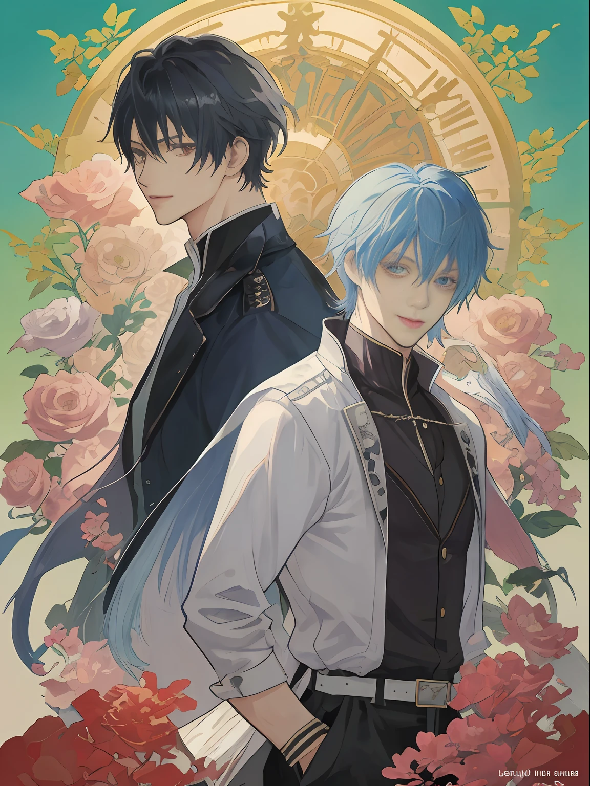 ((top quality, masterpiece)), comic art, anime characters of the man with the sword, catekyo hitman Reborn, geek gangasta, Sirius A and Sirius B, high quality fan art, from Cryptid Academia, two handsome men, magnificent anime style, anime posters, detailed fan art, illustrations, Akihiko Inoue and Los Tran, flowers, smiles