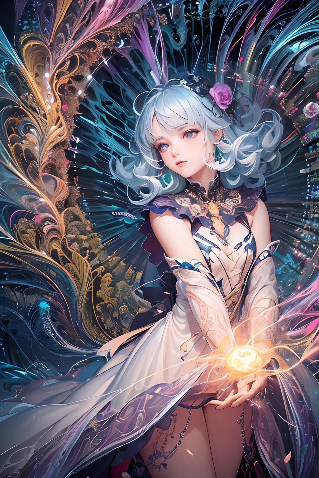 (masterpiece, top quality, best quality, official art, beautiful and aesthetic:1.2), (1girl),light painting, (long exposure:1.2),dynamic streaks, extreme detailed,(fractal art:1.3),colorful,highest detailed,chiffon dress,jewelry,flower,fairy,upper body