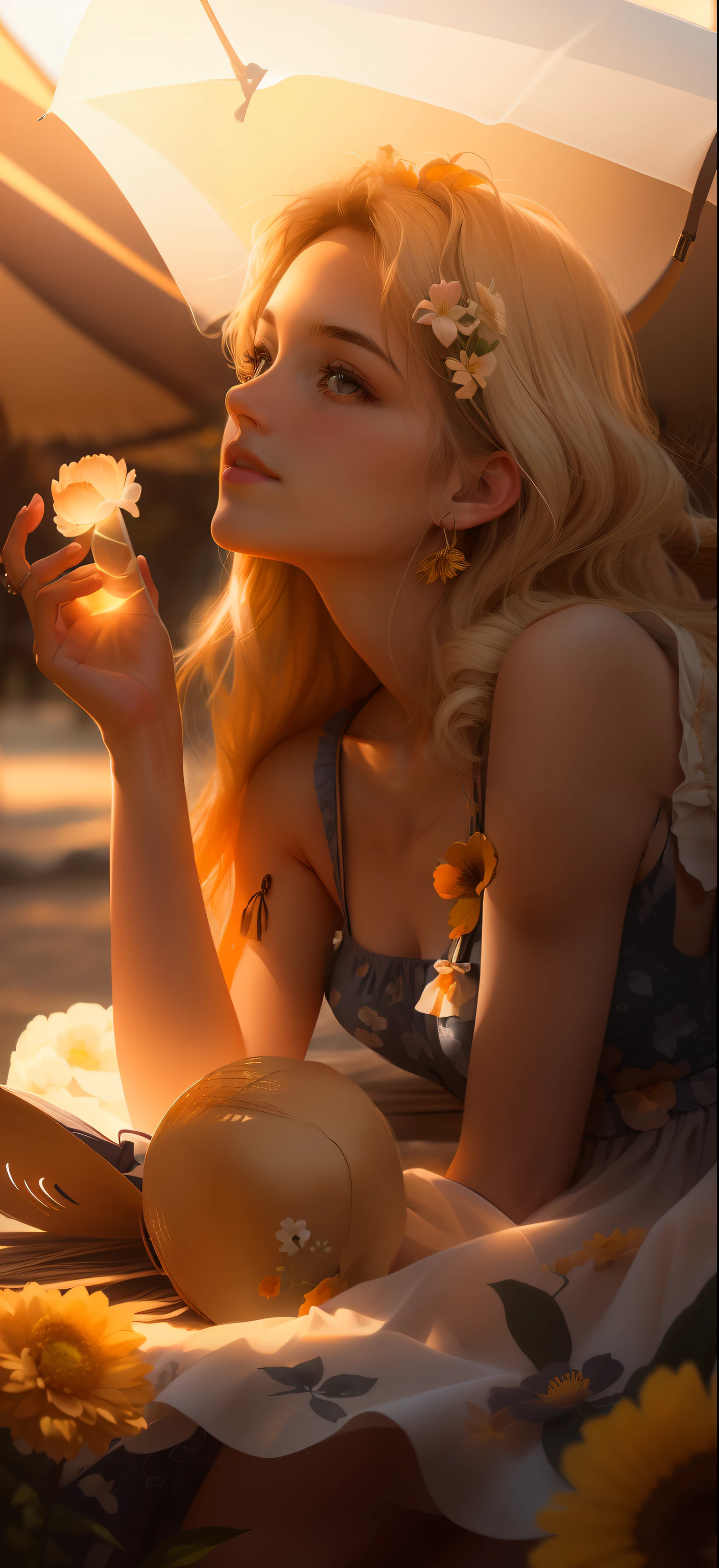 Close-up: 1.5), (Facial Focus: 2), (???? ??? Style: 1.5), ((Sides: 2)), (1 Girl Surrounded by soft_light:1.5),(Backlight: 1.8),(Lighting),(Flow Fabric: 1.3),(Floral_summer_dress:1.5),(Straw_hat:1.3)), (Masterpiece), Realistic, HDR, Highly Detailed, 8k, Original Photo, Ambient Light Occlusion, Natural, Harmonious Composition, Warm Colors, Fine Art Photography,