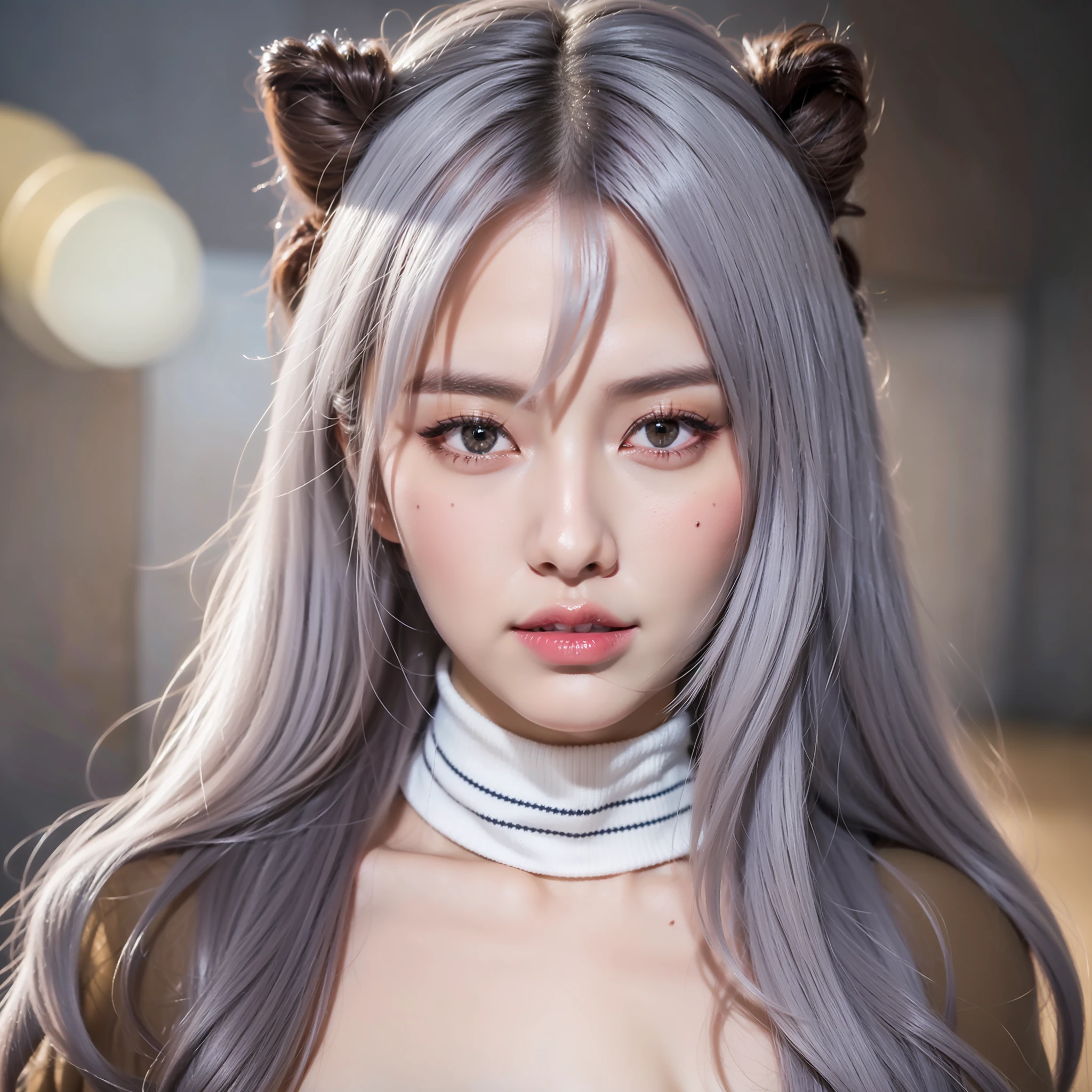 1girl, beautiful vintage colors, Instagram (realistic, High resolution: 1.4), (puffy eyes)), looking at the viewer, full body (8k, RAW photo, best quality, masterpiece: 1.2), (realistic, photorealistic photo: 1.37), (sharp focus: 1.2), professional lighting, photon mapping, radiosity, physically based rendering, (pale skin: 1.2), (small breasts: 1.2), , looking at the viewer, (middle hair: 1.2), portrait, purple eyes, (silver hair: 1.2), bangs, (simple background: 1.4), Solo, upper body, white background, realistic, (masterpiece: 1.4), (best quality: 1.4), (shiny skin), faxi girl, makeup, (shut up: 1.4), (thin, shy, : 1.3), (white turtleneck: 1.2), ulzzang-6500-v1.1, pureerosface_v1,