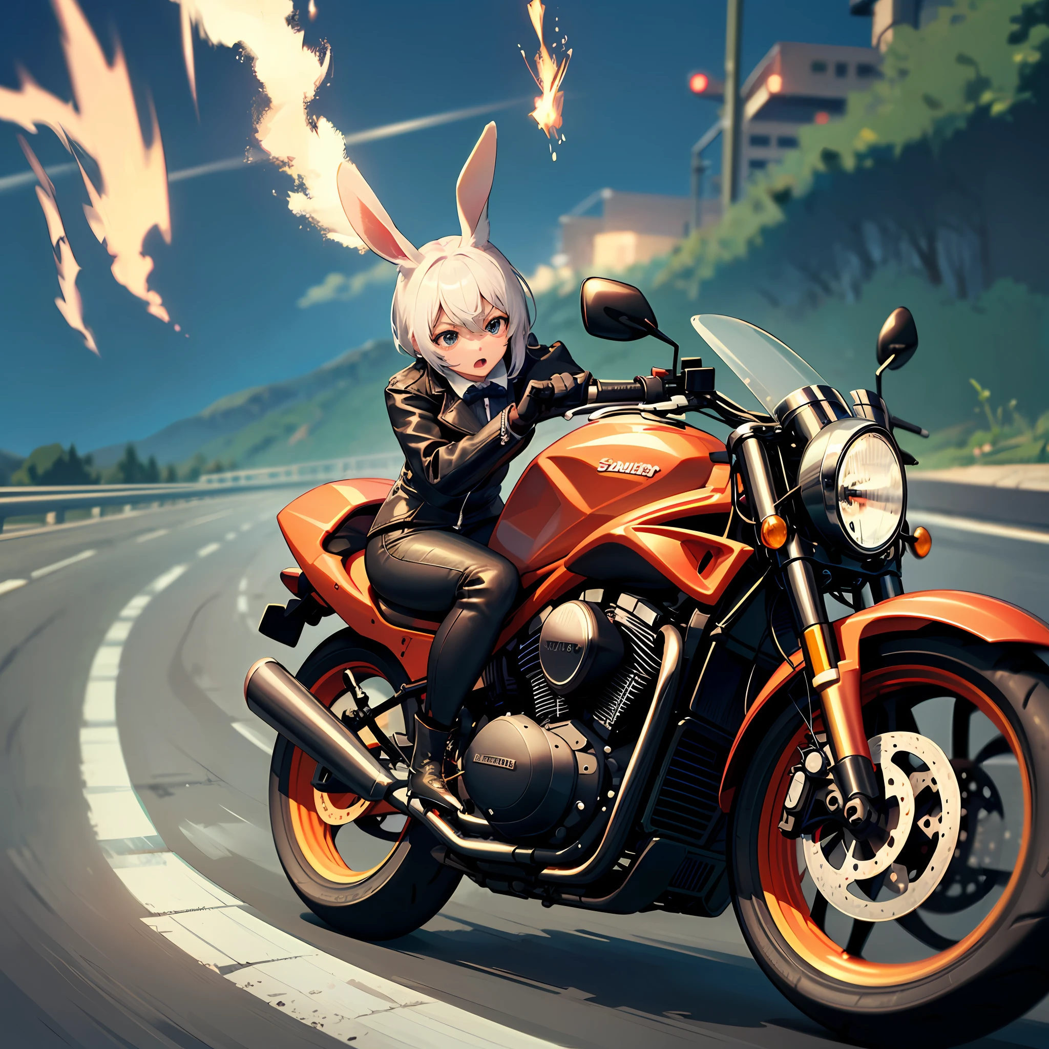Old tale Rabbit and turtle, motorcycle speeding at high speed on the road, (slow motion: 1.3), (motion blur: 1.3), (speed line: 1.4), sense of speed, (bunny girl on a motorcycle: 1.5), sparks and smoke from tires, (turtle pulled out by motorcycle),