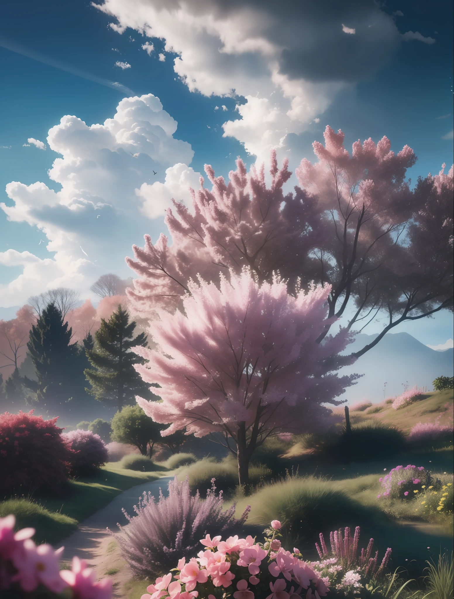 "A stunning 4K HD photorealistic floral utopia beneath the limitless sky."