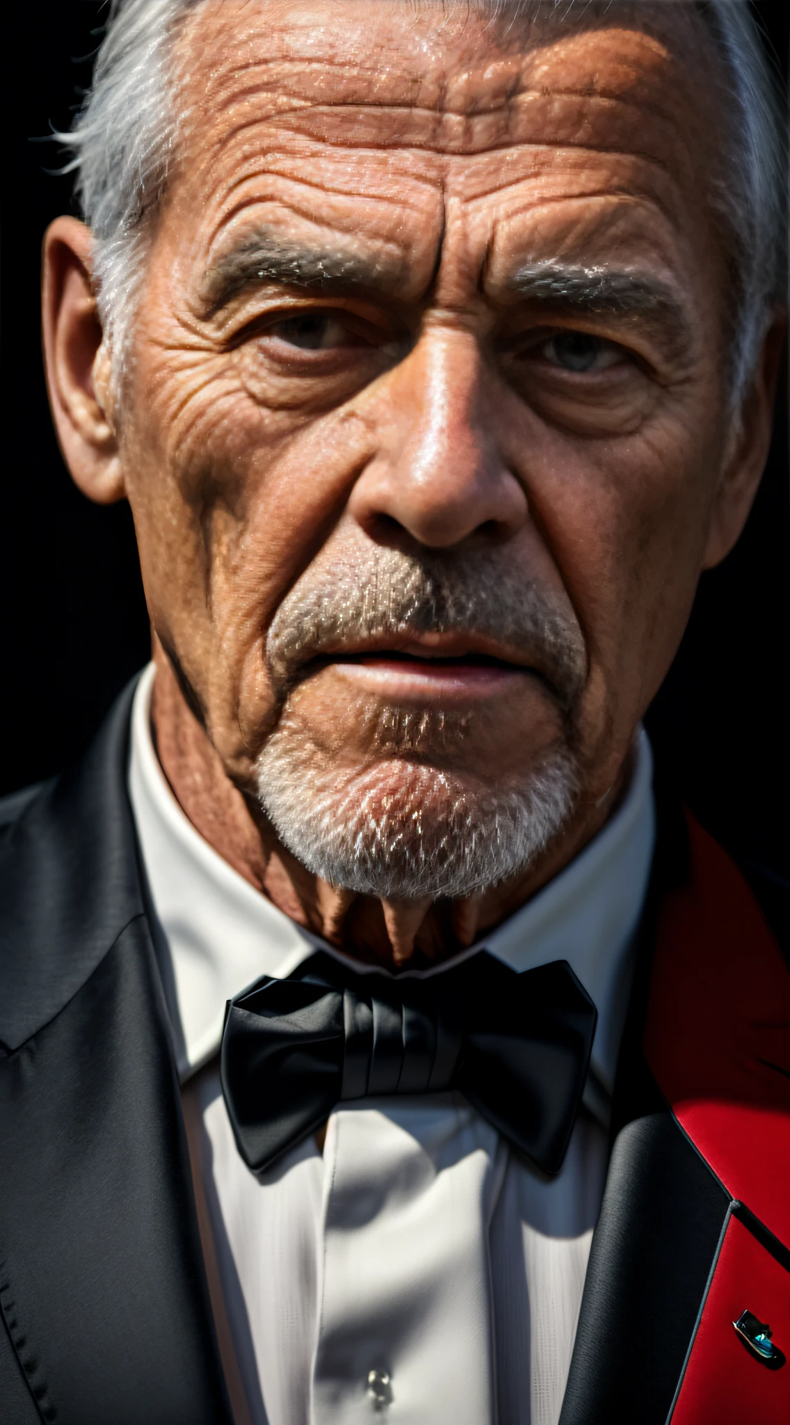 (Masterpiece, Realistic, Original,: 1.4), (Extremely Complex: 1.2), Close-up, Cinematic Light, Side Light, Ultra High Resolution, Best Shadows, RAW, Upper Body, Old Man, Wearing a Tuxedo, 8K