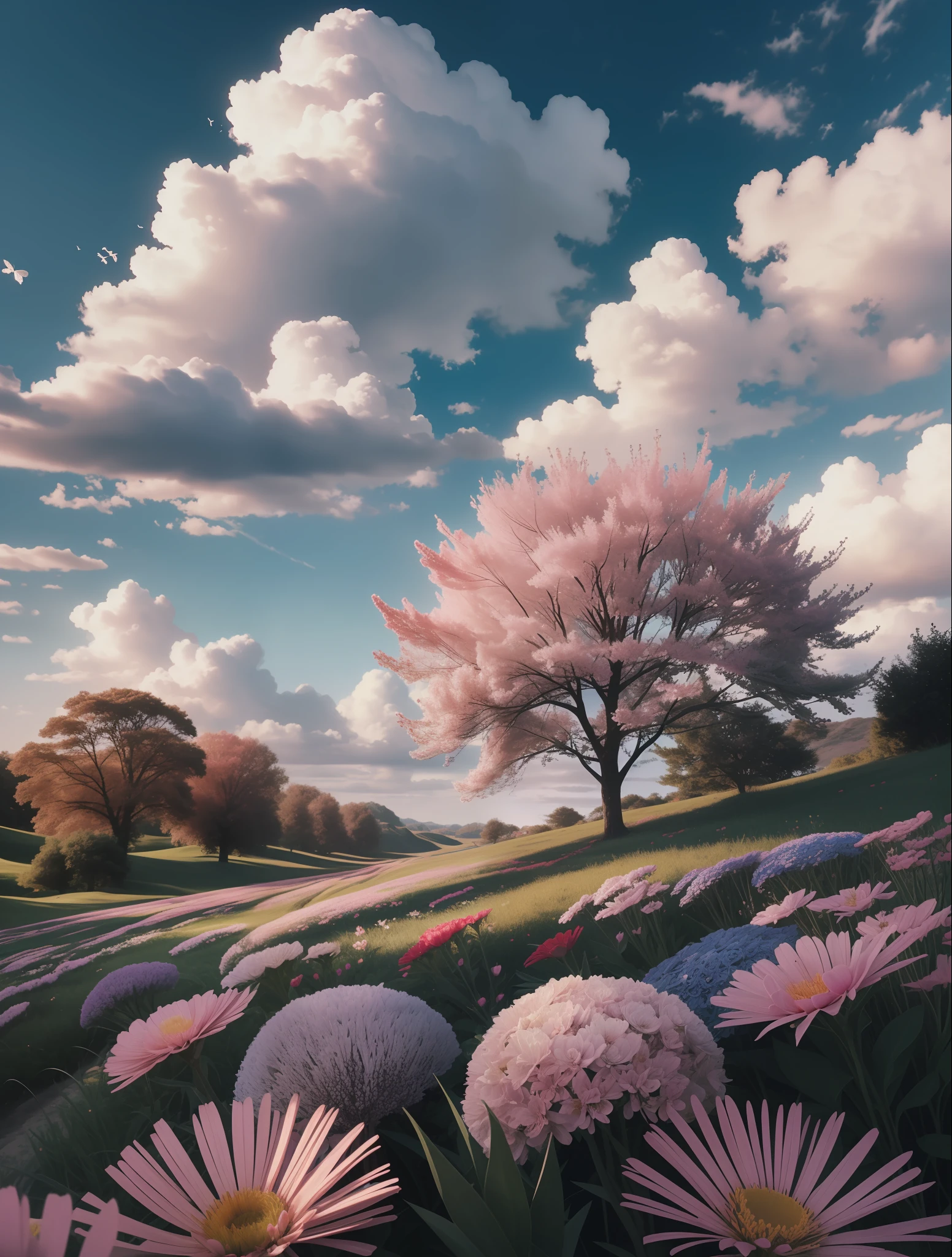 "A stunning 4K HD photorealistic floral utopia beneath the limitless sky."