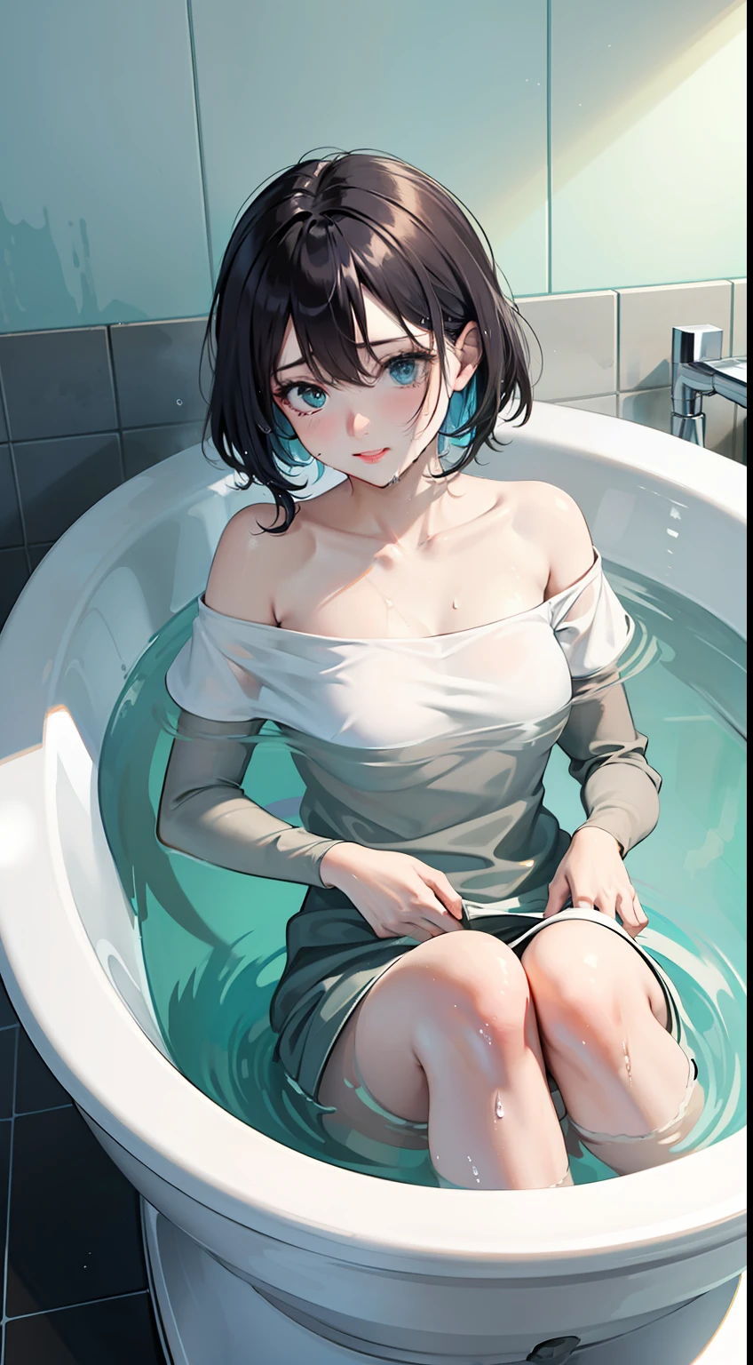 panorama, bathroom, big bathtub, bubble bath, floating colorful bubbles, steam, collarbone, wet skin, wet, wet hair, Body submerged in water
a girl, lying in the bathtub, aqua hair, Only head was above the water, shy, white shirt, off shoulder,