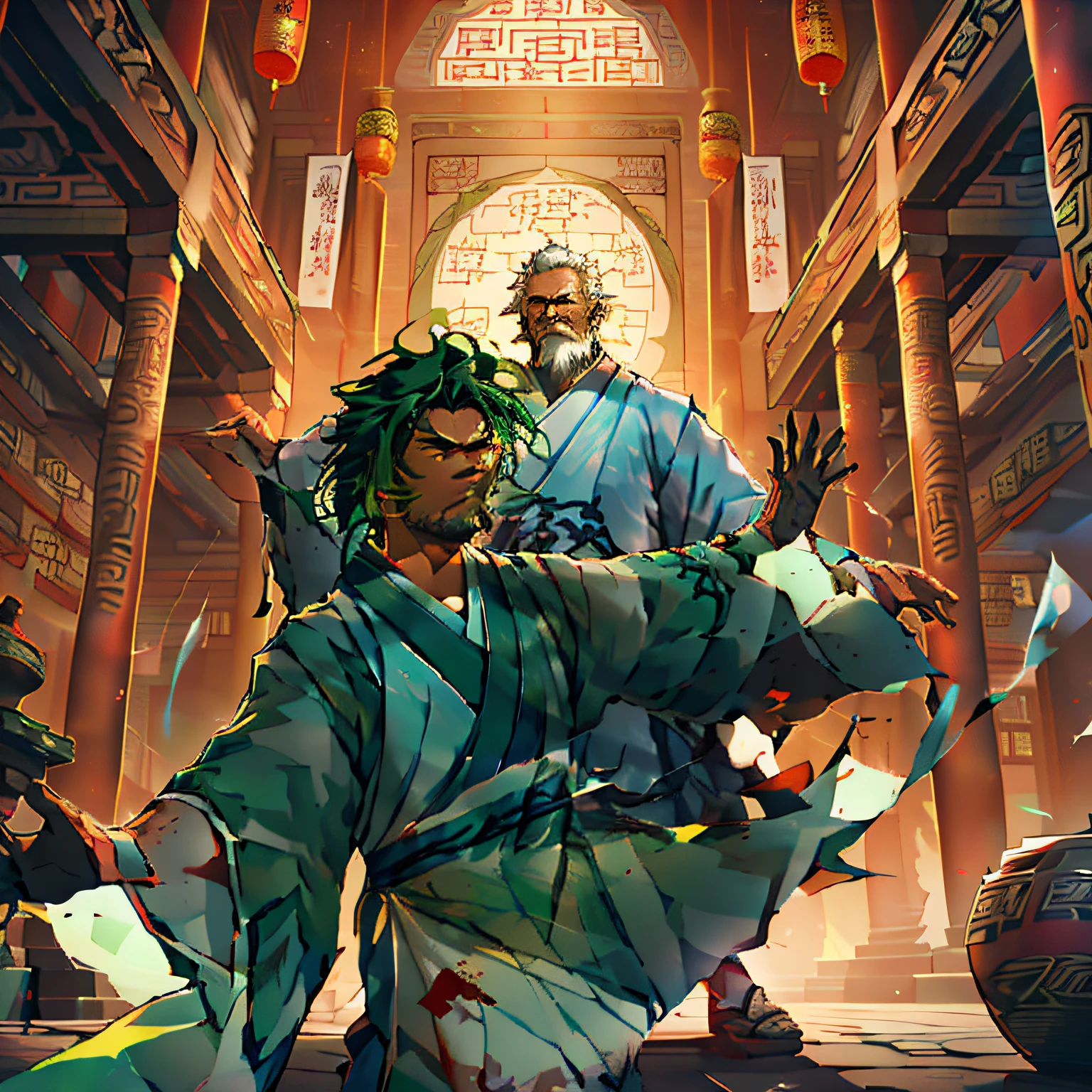 (2 people) (old man in blue catches 1 man, ((((blue Hanfu))), (black hair))), (black hair))), ()). (((green))), ((green Hanfu youth)), ((green-clothed)), ((green-haired))), handsome) (background: in a sacred, ornate palace in ancient China).