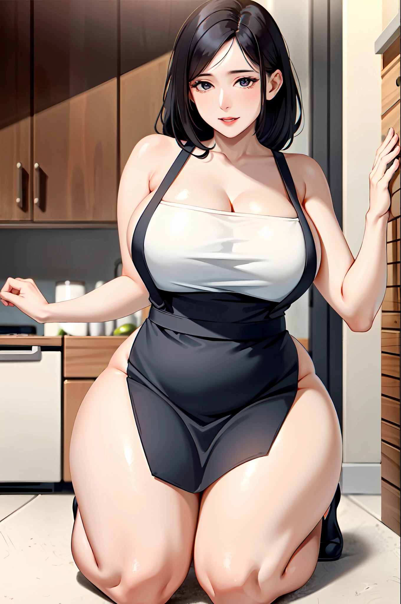 A tall and beautiful mature woman with a confident expression, showing her thighs and shoulders, a plump body, big breasts, a ball head, wearing a apron, a human wife, in a kitchen, kneeling on the ground.