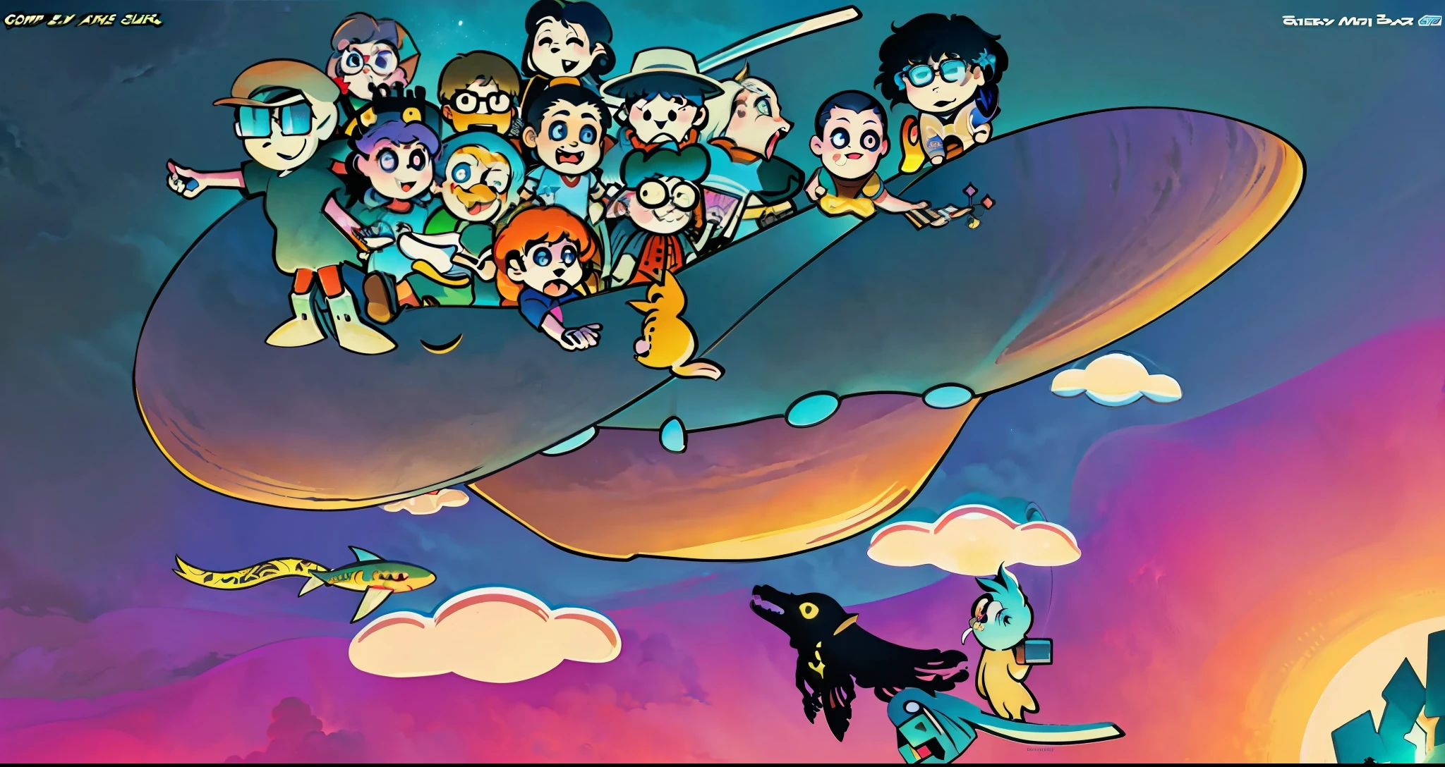 cartoon of a group of people flying in a beach hat in the sky at sunset, high-quality official art, detailed, pixiv contest winner, video game art, inspired by Winsor McCay, added detail, chibi, concept art, themed spaceship, very crowded, discworld theme, colorful comic, vivid colors, cinematic lighting, shaders