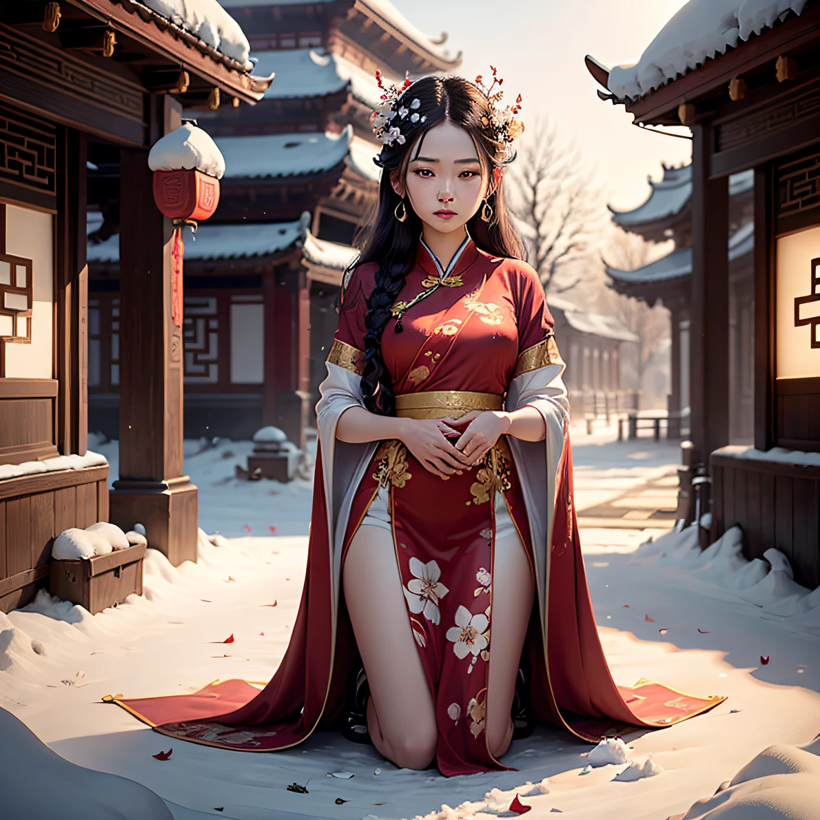 Best Quality, Masterpiece, High Resolution, 1 Girl Kneeling in the Snow, (Snow: 1.5), (Hanfu: 1.2), (Kneeling: 1.1), Golden Translucent Silk Dragon Robe, Kneeling Outside the Palace, On the Snow, (Ancient Chinese Palace: 0.5), Dress, (Hair Accessory: 1.2), Long Hair, upon_body, Tyndall Effect, Edge Lighting, Two-tone Lighting, (Plum Blossom: 0.5), 8K UHD, DSLR, Soft Light, High Quality, Volumetric Light, Snapshot, (Photo: 1.1), High Resolution, Highest, High Resolution, Tyndall Effect, Two-tone Lighting, (High Detail Skin: 1.2), 8K Ultra HD, Soft Light, High Quality, Volume Lighting, Frank Shooting, (Long Range Shooting: 1.1), Anime Style, Two-dimensional --auto