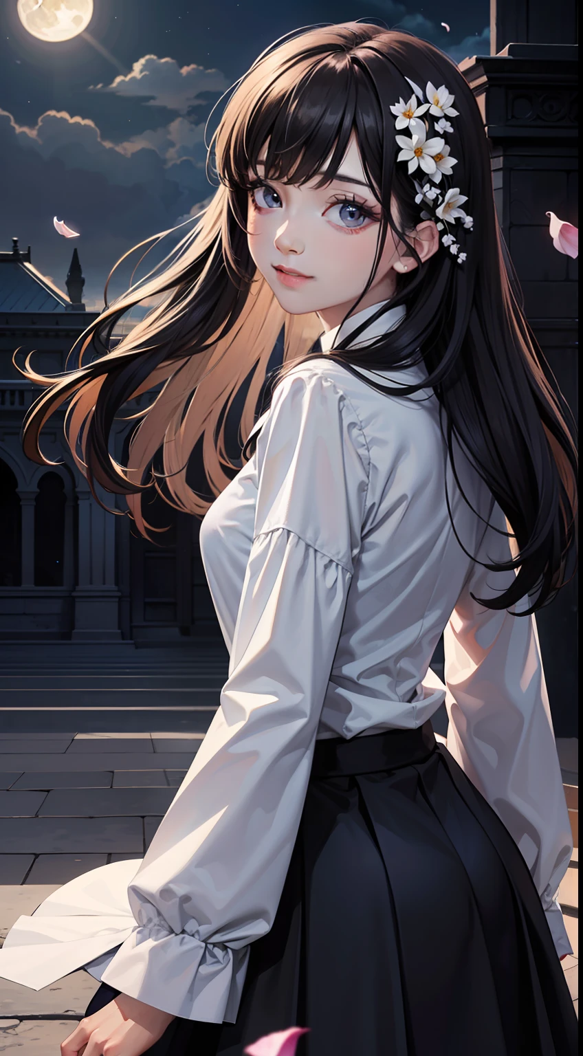 masterpiece, best quality, 1girl, (colorful),(finely detailed beautiful eyes and detailed face),cinematic lighting,bust shot,extremely detailed CG unity 8k wallpaper,black hair,long hair,black eyes,solo,smile,intricate skirt,((flying petal)),(Flowery meadow) sky, cloudy_sky, building, moonlight, moon, night, (dark theme:1.3), light, fantasy,looking at viewer,