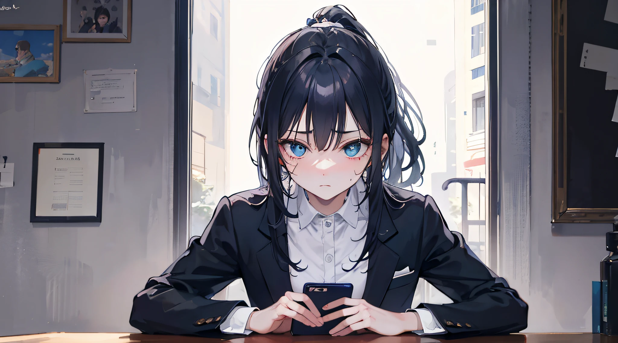 An 18-year-old girl covering her chest and looking at the mobile phone on the table (side-view: 1.3) (Covering her chest: 1.2) (looking down at the phone: 1.2) She is wearing a black suit, medium long hair, a ponytail, blue eyes, a shocked look on her face, a frown, sweaty Highest quality, detailed facial depiction, exquisite picture, rich color