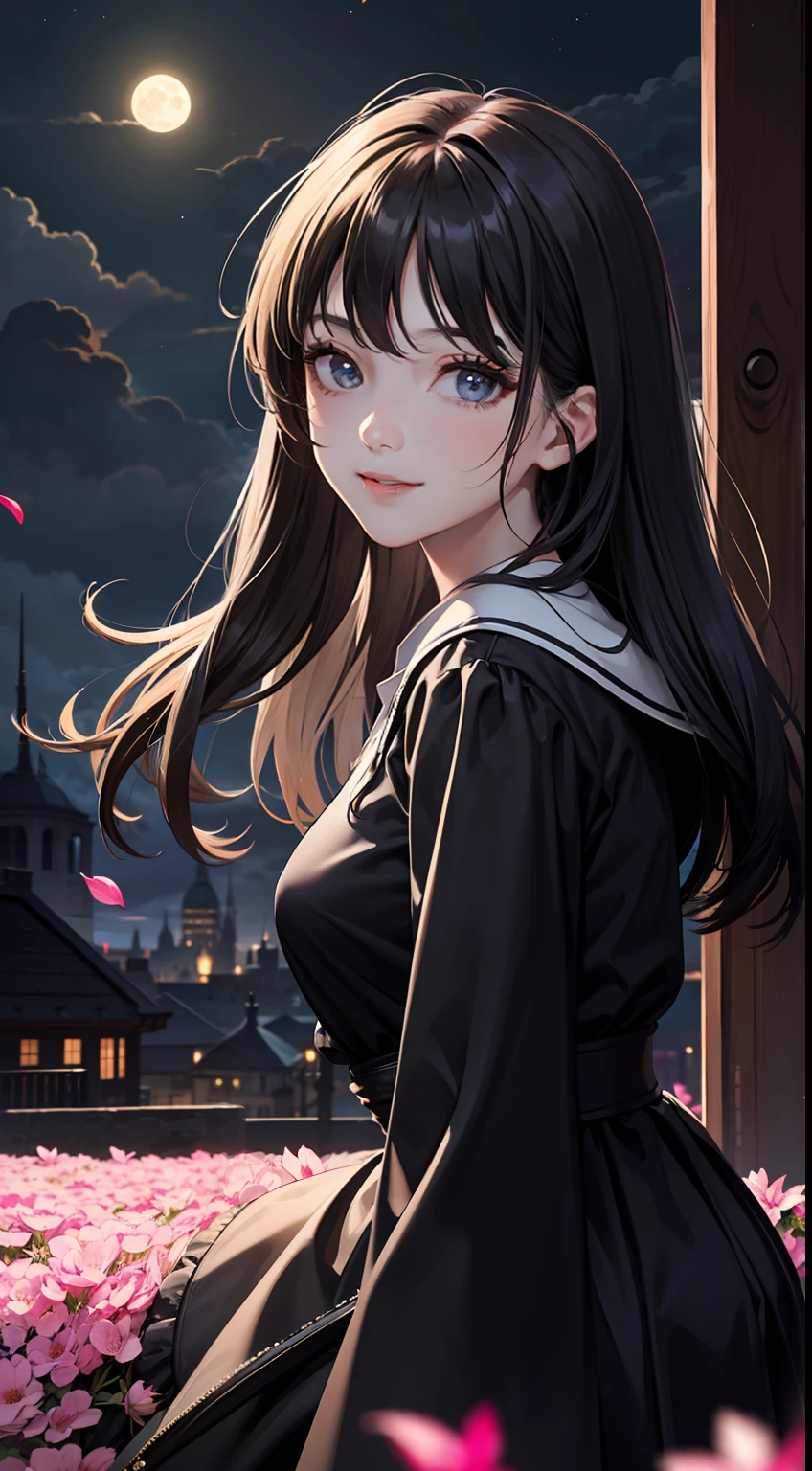 masterpiece, best quality, 1girl, (colorful),(finely detailed beautiful eyes and detailed face),cinematic lighting,bust shot,extremely detailed CG unity 8k wallpaper,black hair,long hair,black eyes,solo,smile,intricate skirt,((flying petal)),(Flowery meadow) sky, cloudy_sky, building, moonlight, moon, night, (dark theme:1.3), light, fantasy,looking at viewer,