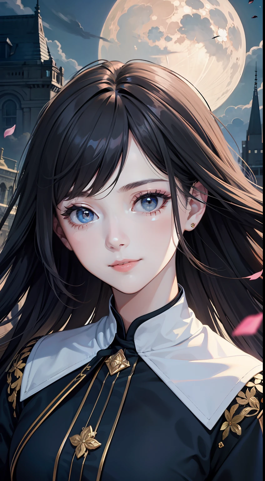 masterpiece, best quality, 1girl, (colorful),(finely detailed beautiful eyes and detailed face),cinematic lighting,bust shot,extremely detailed CG unity 8k wallpaper,black hair,long hair,black eyes,solo,smile,intricate skirt,((flying petal)),(Flowery meadow) sky, cloudy_sky, building, moonlight, moon, night, (dark theme:1.3), light, fantasy,looking at viewer,