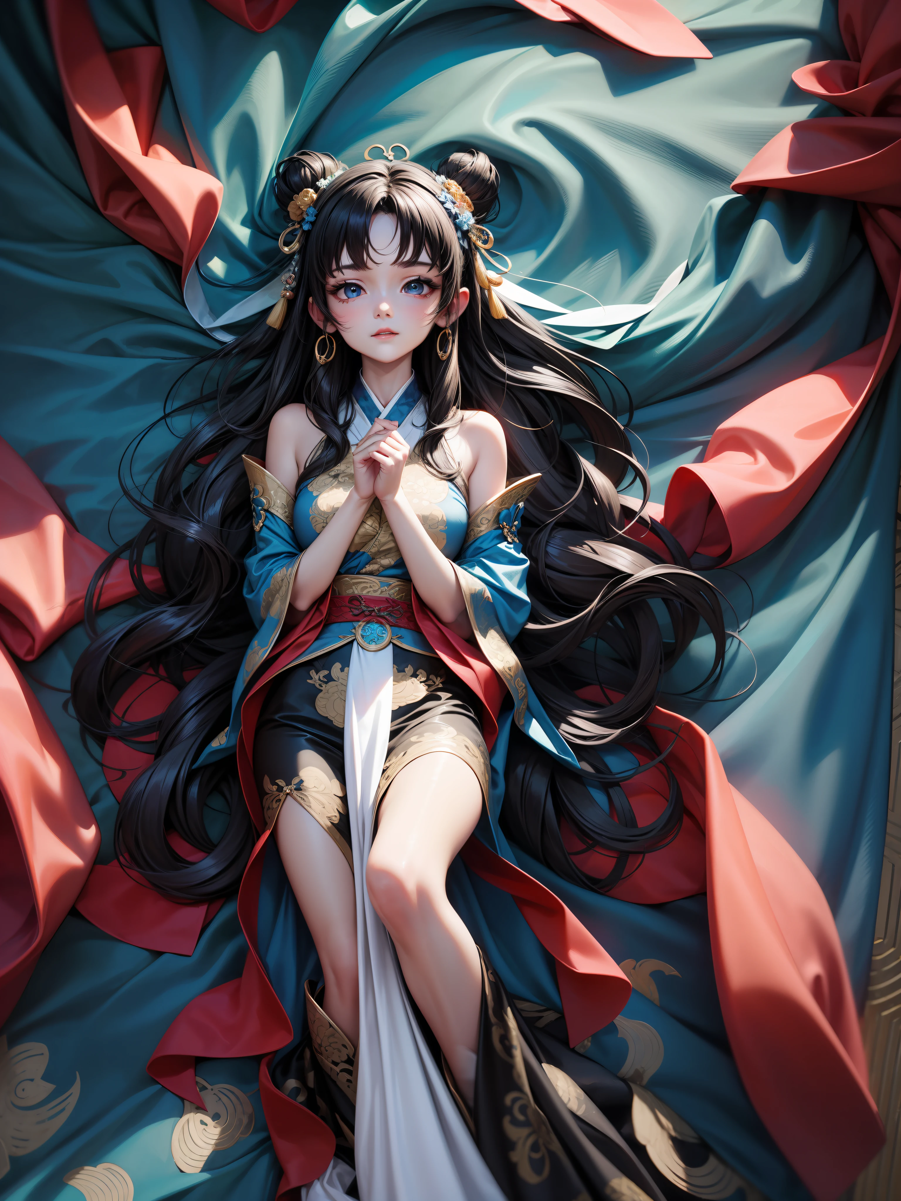Masterpiece, highest quality, HD, 8k, details, detailed facial features, 1girl, a fairy dressed up in ancient China, black long hair, Hanfu, fairy, fairyland, blue sky, hands folded