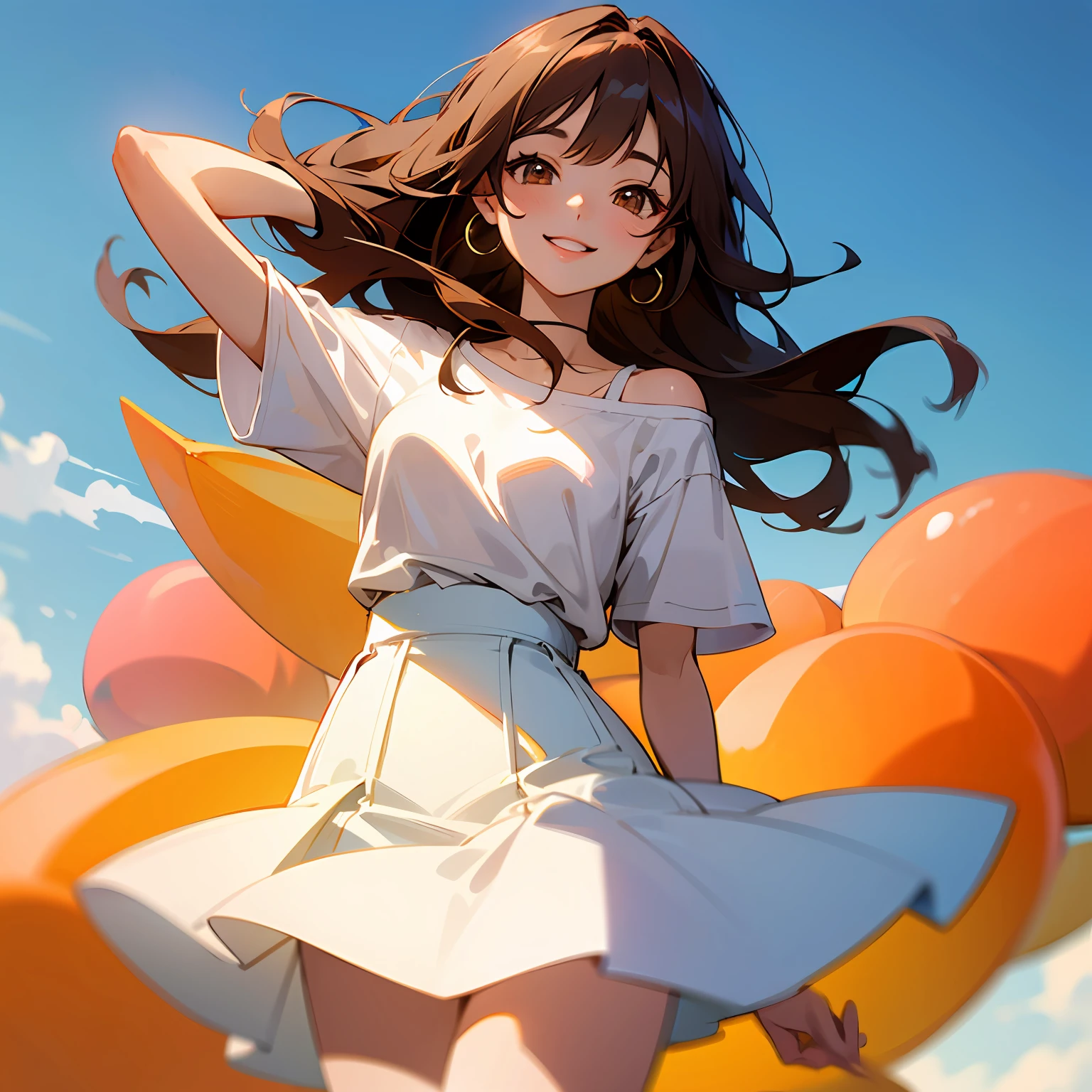 (1 manga avatar) photo Shoulder-length hair, brown hair, summer dress, white T-shirt, denim skirt, apricot eyes, cherry lips, happy smile, 8K high resolution. --auto