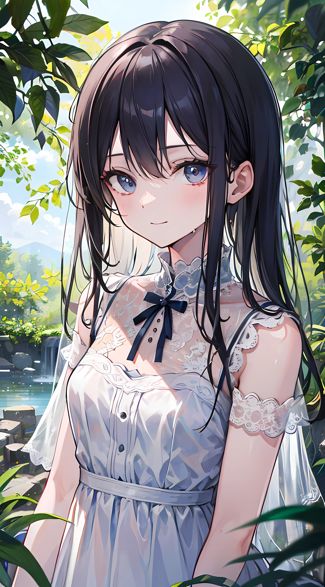 (masterpiece, best quality:1.4), 8k, official art, raw photo, absurdres, girl, evil smile, upper body, standing, white summer dress, wet, see-through, stone bridge, ruins, sky, woods, stream, detailed shadow, light leaks, perspective, depth of field, sharp focus, highres, ultra detailed, finely detail, extremely detailed, (detailed eyes and face, sharp pupils, realistic pupils:0.6)