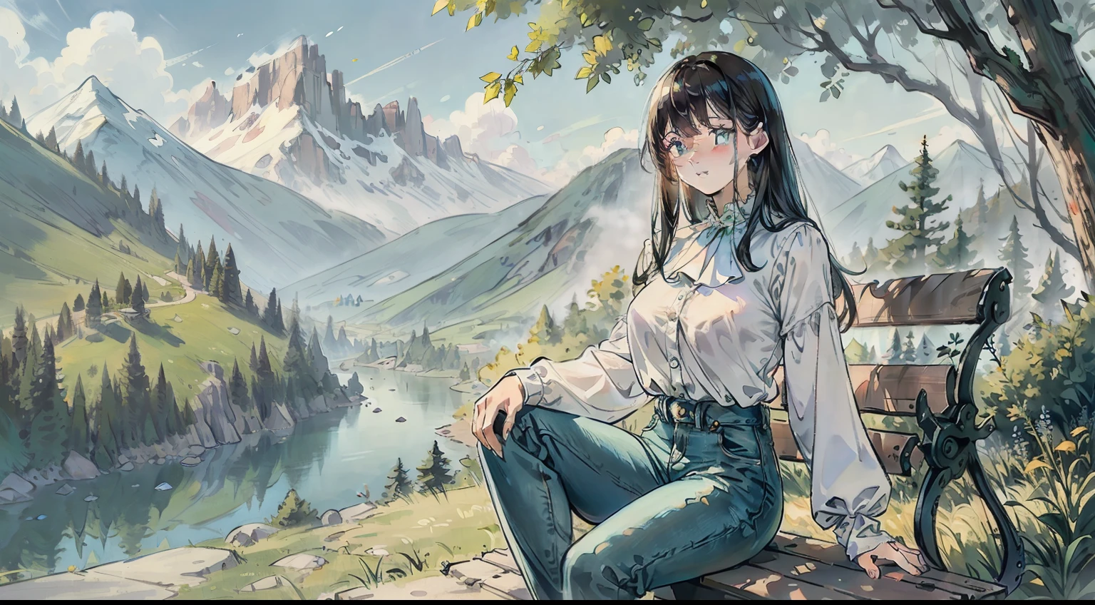 Made, top quality, very delicate and beautiful, super definition, high-resolution, very elaborate, illustration, realistic, mountain peak, woman sitting on bench Summer day. White blouse, jeans, green trees