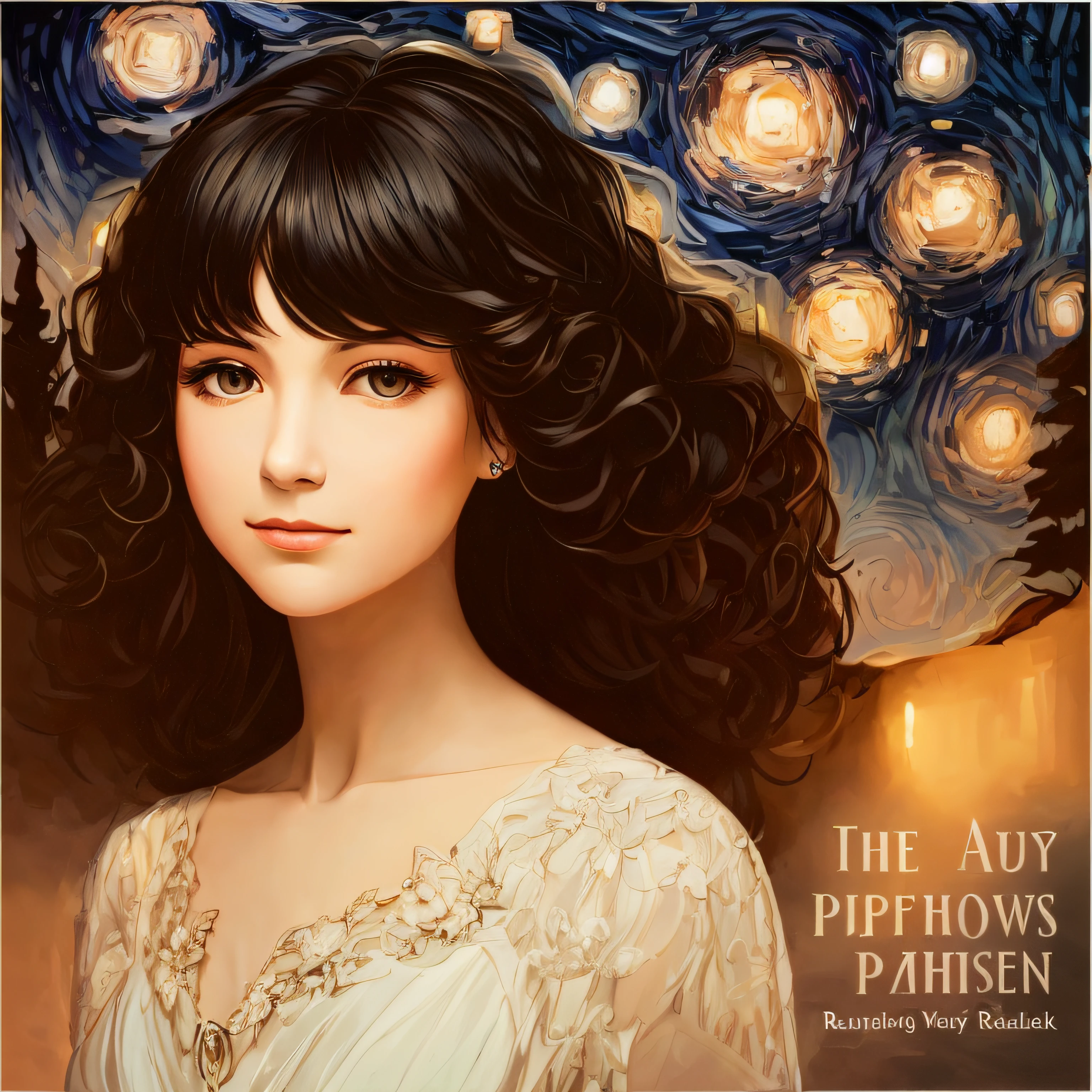 Imagine in an oil painting style a book cover with the black background and a starry night sky and shadows of trees, amid the darkness. A female figure wrapped in an ethereal white dress, radiating a bright and delicate aura seems to float in the air, with a serene expression and eyes full of love and mystery, her skin is white, her curly black hair split in half to elbow height. Brown eyes and a slightly flattened nose and a small mole on the left side of the face, below the nose and above the lips. Around him there is a radiant light. At the top of the cover, in elegant, curved letters, is the title of the book: "When the Winds Speak Russian." --auto