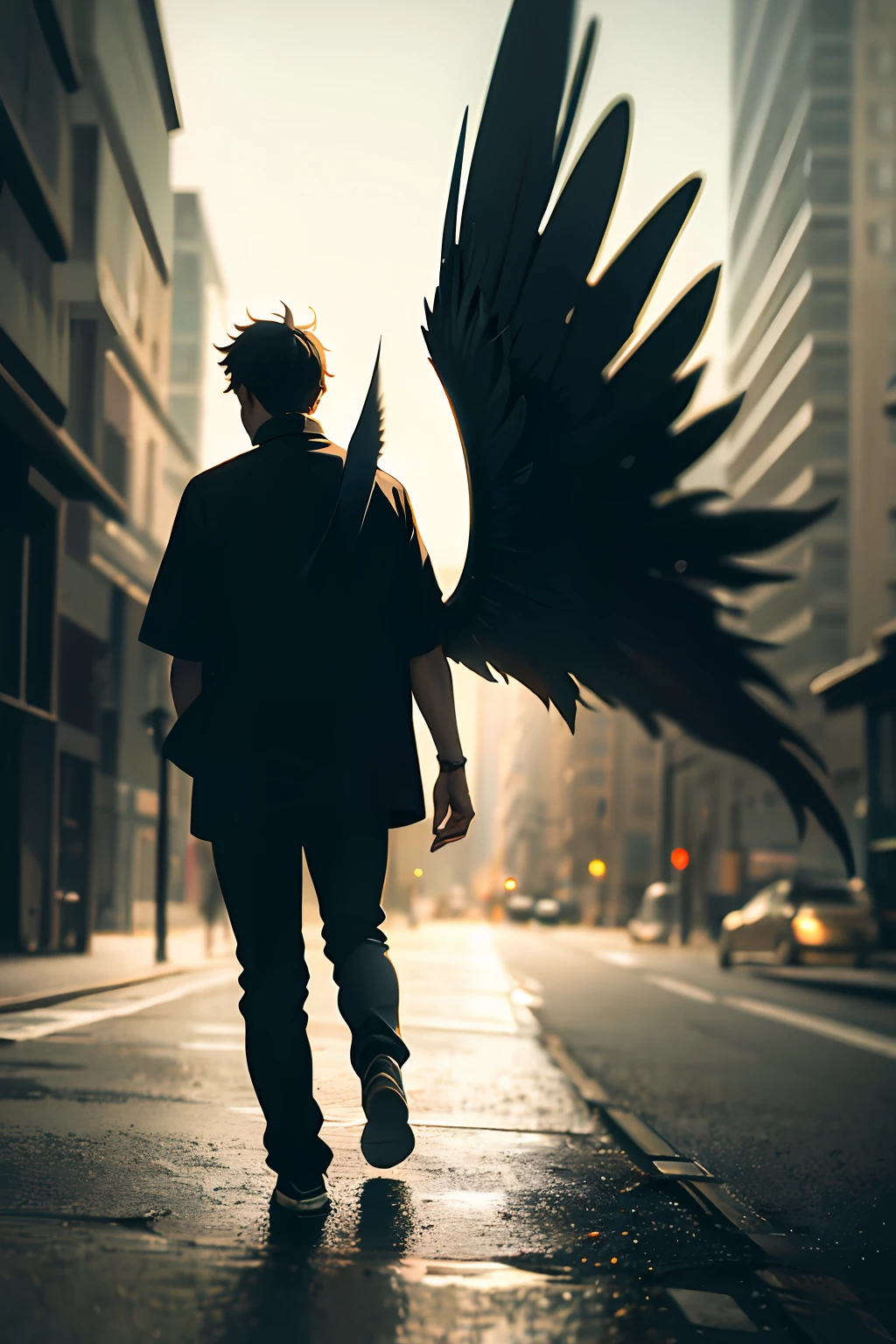 A guy walking with darkness with wings