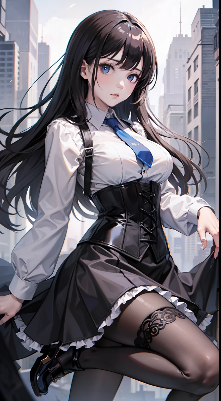 (masterpiece best quality:1.4),Yui,anime,1girl, solo, pale skin, expressionless, (Black Corset Strap cotton Dress:1.1), white Long-Sleeve Layered Collar Plain Shirt + Neck Tie +Suspender A-Line Skirt, black pantyhose, hghheels, The strap is slimming the waist, (dark fantasy:1.2), (last boss:1.25), white horror theme, grandeur, ((marvelous illustration)), (detailed splash),