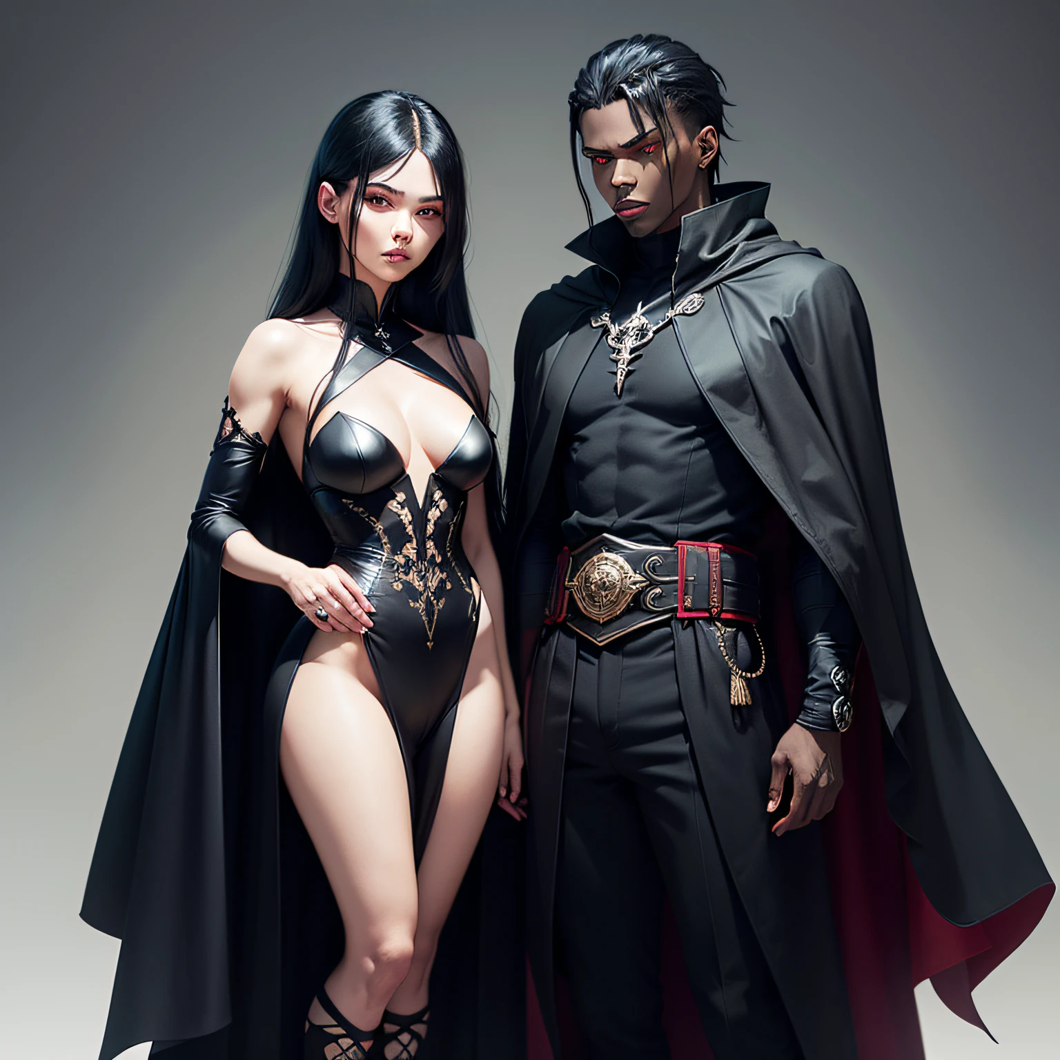 is a mysterious and enigmatic character in an anime. He possesses a striking and unique appearance, with black skin and intense red eyes, which glow with a sinister energy.
Her hair is long and black, reaching down to her waist, standing out for her beauty and elegance. It keeps them loose, adding a touch of mystery to your look.
Dressed in a black cape that extends to his feet, TK is shrouded in shadows, creating a dark and intriguing atmosphere. The cover is adorned with subtle details, such as enigmatic embroidery or occult symbols, that reflect his personality --auto