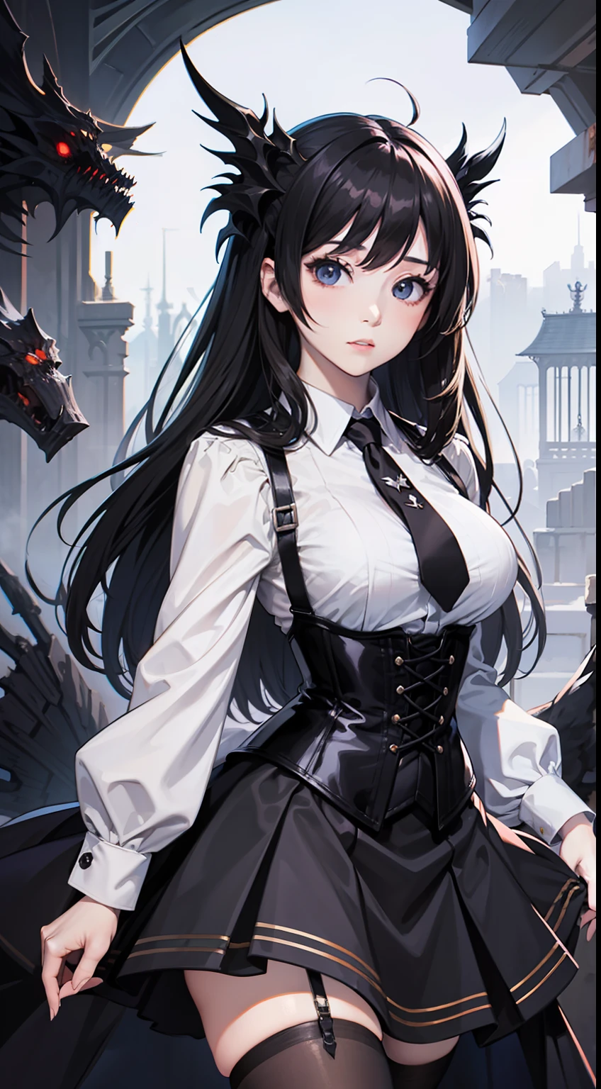 (masterpiece best quality:1.4),Yui,anime,1girl, solo, pale skin, expressionless, (Black Corset Strap cotton Dress:1.1), white Long-Sleeve Layered Collar Plain Shirt + Neck Tie +Suspender A-Line Skirt, black pantyhose, hghheels, The strap is slimming the waist, (dark fantasy:1.2), (last boss:1.25), white horror theme, grandeur, ((marvelous illustration)), (detailed splash),