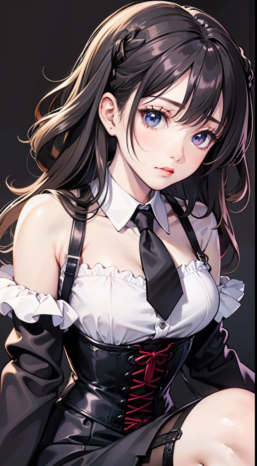 (masterpiece best quality:1.4),Yui,anime,1girl, solo, pale skin, expressionless, (Black Corset Strap cotton Dress:1.1), white Long-Sleeve Layered Collar Plain Shirt + Neck Tie +Suspender A-Line Skirt, black pantyhose, hghheels, The strap is slimming the waist, (dark fantasy:1.2), (last boss:1.25), white horror theme, grandeur, ((marvelous illustration)), (detailed splash),