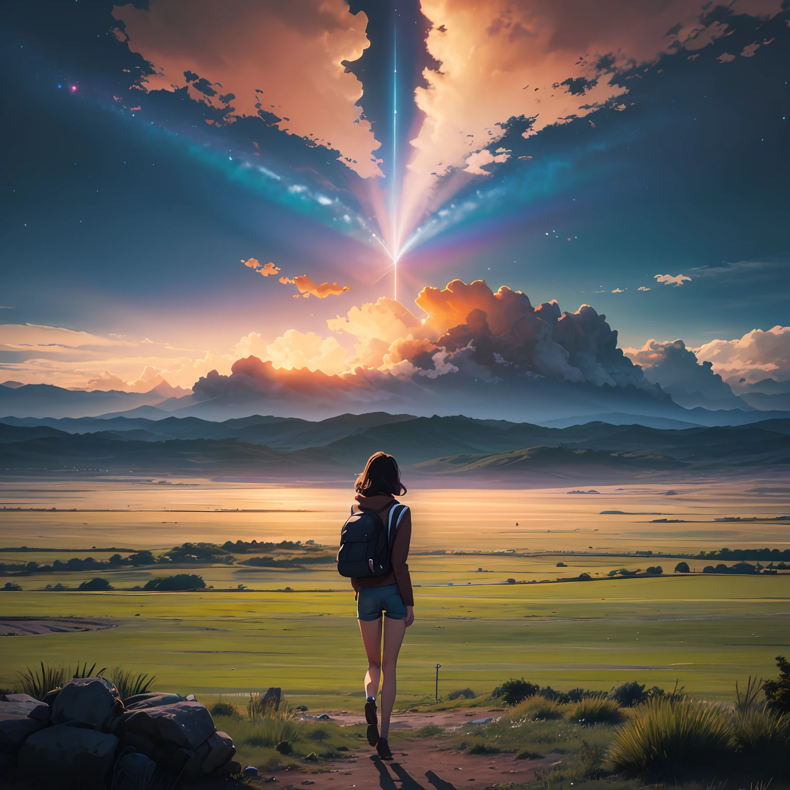 Vast sky, beautiful skyline, Large grasslands, Intense and dramatic imagery, Stunning visuals, The hanging North Star, Colorful natural light. Long sleeve top denim shorts back backpack girl --auto