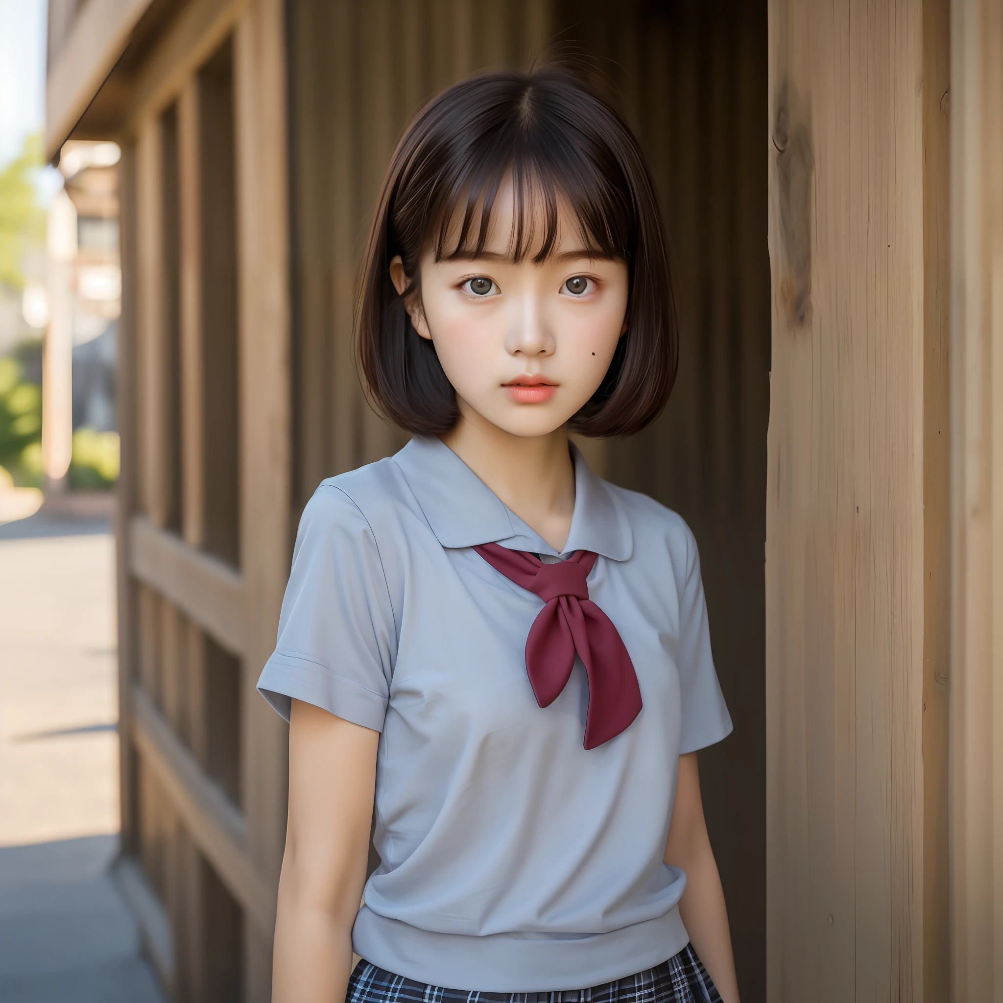 Beautiful girl staring at camera, short cut, face up shot, summer clothes, puberty, dusk, frontal, portrait