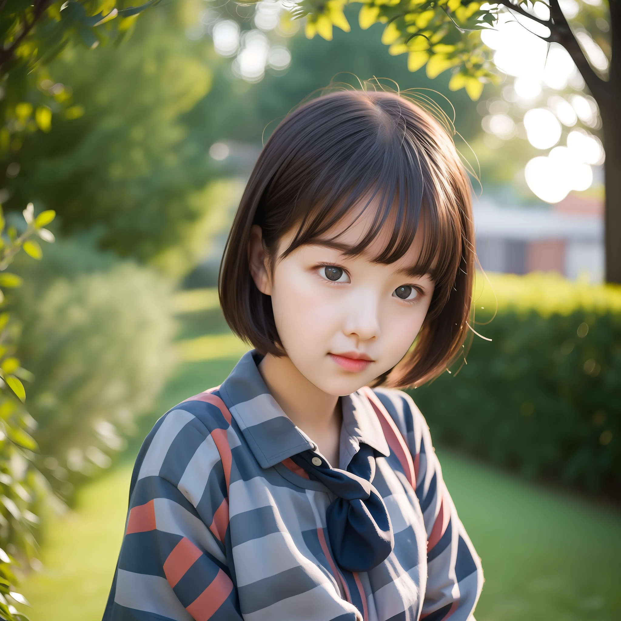 Beautiful schoolgirl staring at camera, short cut, face up shot, summer clothes, puberty, dusk, frontal, portrait