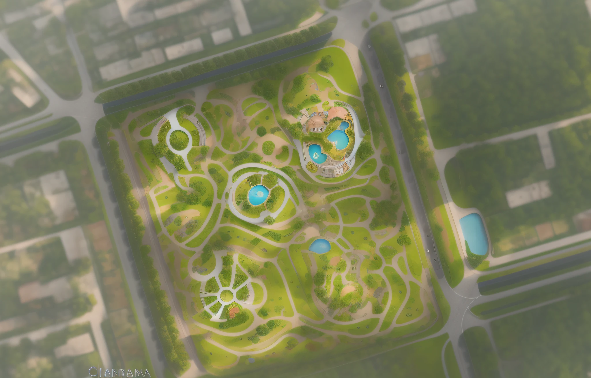 Aerial view of park with round park and pond, aerial view, best quality, super detailed, (full detail), (4k),8k, aerial view of park with lots of trees and many buildings, aerial illustration, aerial view, aerial view from above, aerial view, aerial view, [ top view ]!!, top view, aerial view, from top view, from top view, satellite view, color plan, terrain , Gallery, Runway, Vertical Panorama with Aerial View of Park with Water Park and Curved Road Network, Photos taken from Above, Complex 3D Rendering, Complex 3D Rendering, Realistic Rendering, Park, Aerial Illustration, Anna Fossley, Aerial View, Aerial View, City Park, Upper View, Queen's Whirlpool Garden, Top View, by Chasbio --auto --s2