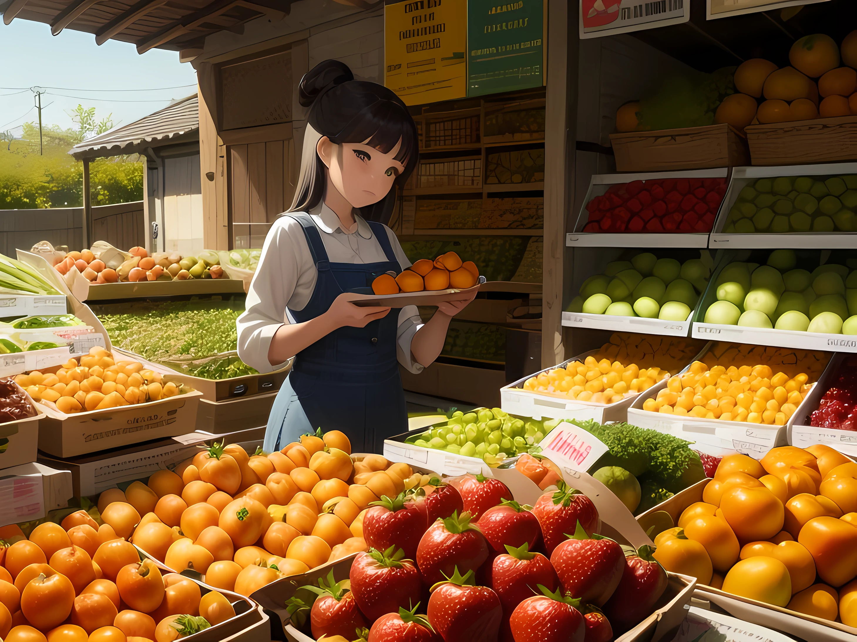Strawberries, tangerines, turnips, loquat, Komatsuna, (fresh), bright, warm colors: 1.3, girls, greengrocers