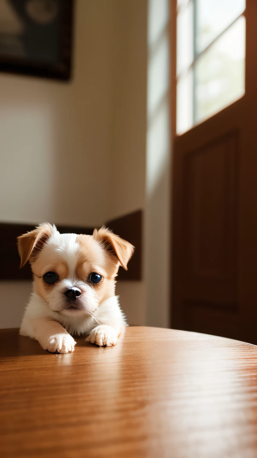 dog, droopy ears, Round Pupils, (Himalayan), (Small)))), Face, Front paws out, 8K, Professional photo, Delicate, Clear, On the table, Inside the house, Sunshine, Light Leak, Masterpiece, ((Pretty))), Fashionable Teacup, (Reality), Plush Toy, Round Pupils