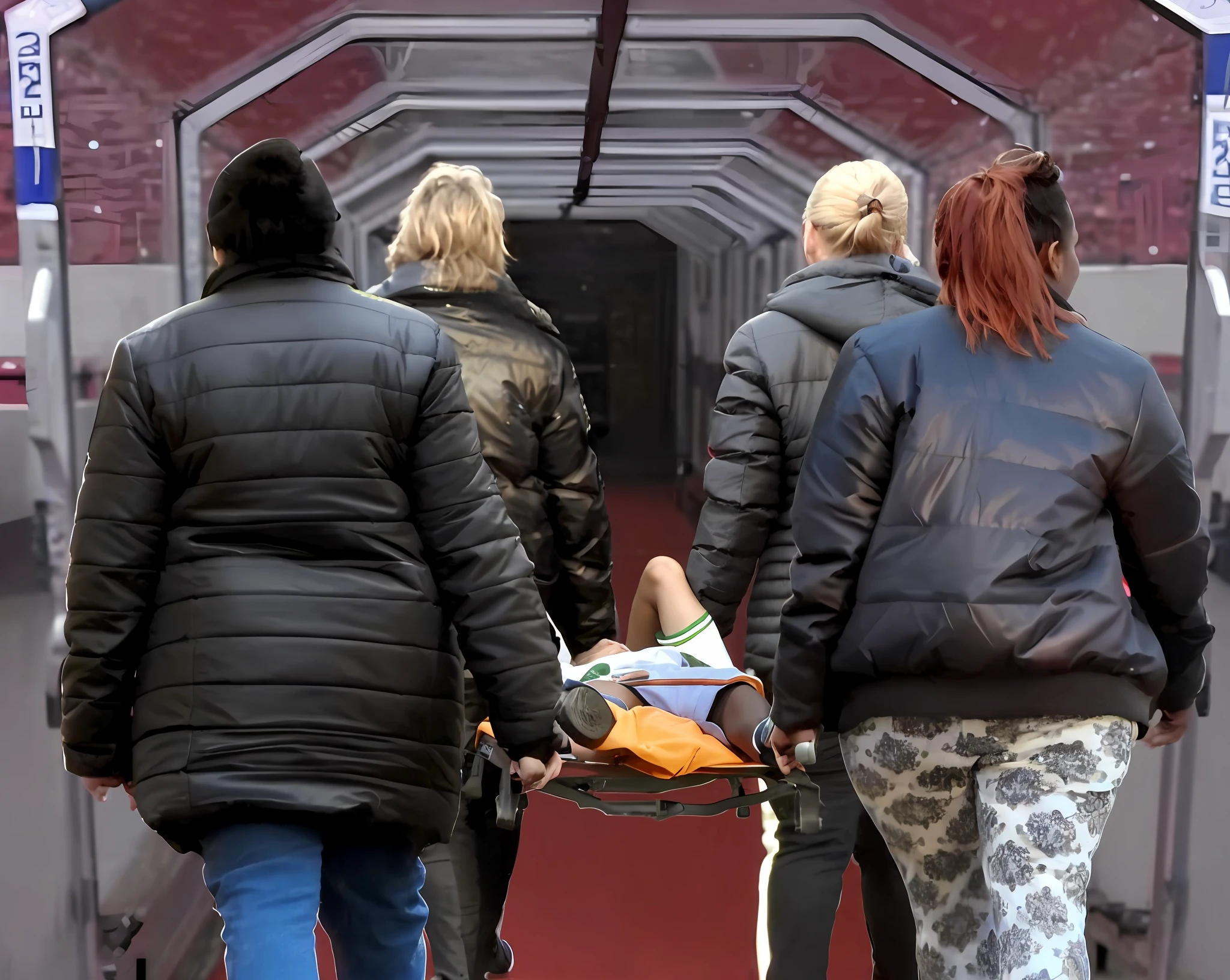 longhaired girls in shiny wetlook coats are walking while carrying a stretcher with a male person on it, aesthetic shot, vThere is a man lying on a stretcher with his hands crossed over his face, a man in a t-shirt and sports shorts has crossed his hands over his face, the man has an agonised face under his hands, two longhairedponytailed women that are wearing very shiny coats, there are longhaired women wearing laquered puffy coats, longhaired women are walking in wetlook puffy coats, several women walking around a football field with an injured athlete on a stretcher, the injured athlete on the stretcher covers his face with both hands, the women look very worried, behindthe women there is a frightening atmosphere, there is heavy rainfall in the background, video still, behind the scenes, Malika Favre, screenshot, footage, 4 0 9 6, cover photo, aesthetic shot, dramatic mood, intense scene, Making of, Mongezi Ncaphayi, Thriller atmosphere, Filming, Edited, heartbreaking, the victim is in the center, photograph taken in 2 0 2 0, people on the ground, celebrity, interesting angle