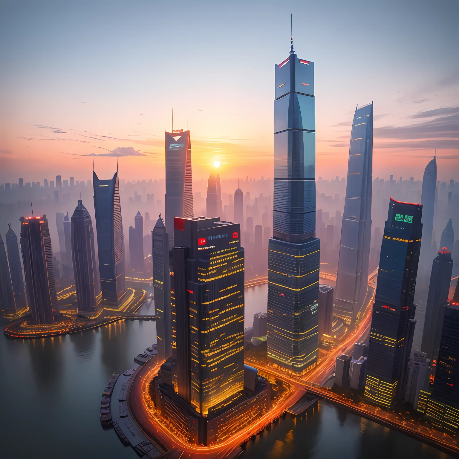 (Digital painting), (best quality), Shanghai Huangpu River, Pacific Insurance Building, 18 floors, with "China Pacific Insurance" logo on the roof, accompanied by the sunset, the front image of the building