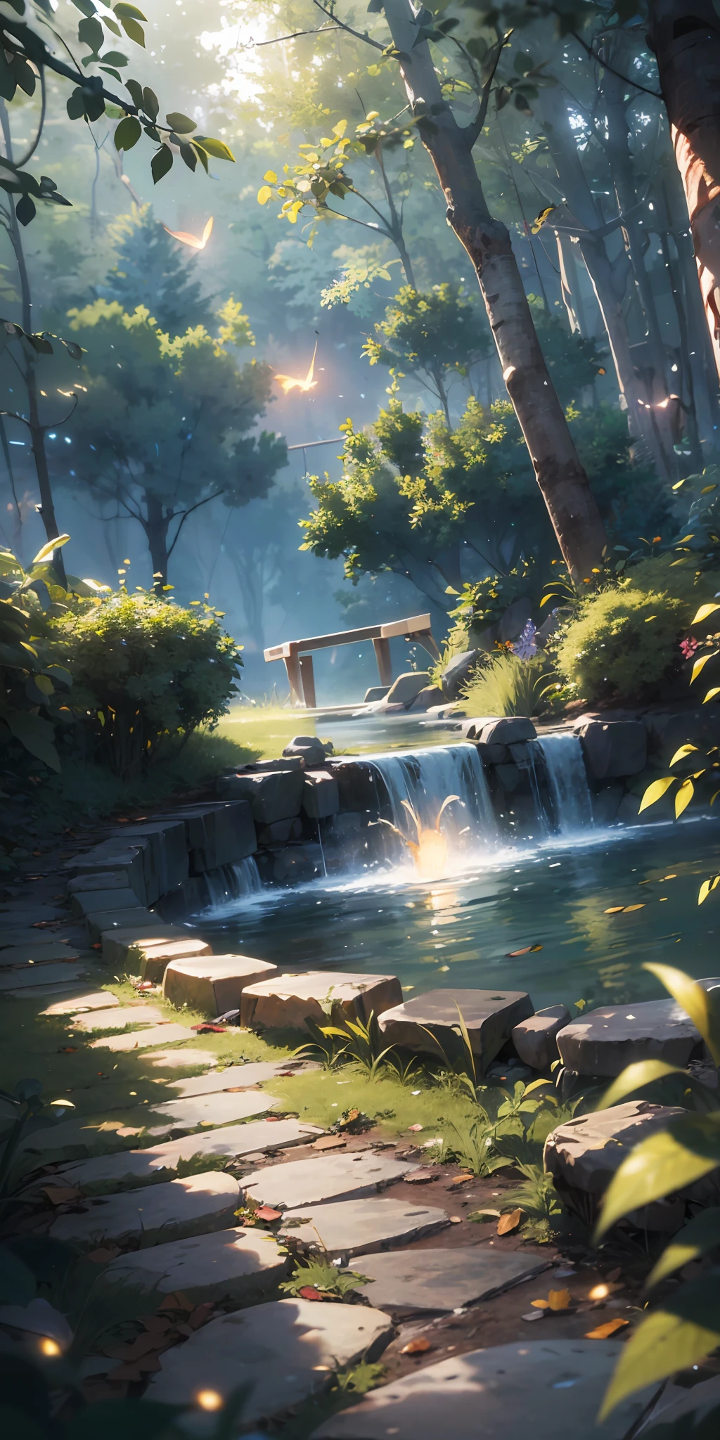Masterpiece, best quality, (very detailed CG unity 8k wallpaper), (best quality), (best illustration), (best shadows), glow sprite, with a glowing deer, in the swimming pool Drinking water, natural elements in the forest theme. Mysterious forest, beautiful forest, nature, surrounded by flowers, delicate leaves and branches surrounded by fireflies (natural elements), (jungle theme), (leaves), (twigs), (fireflies), (particle effects) etc. 3D , Octane rendering, ray tracing, super detailed